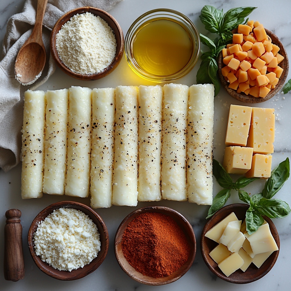 Mozzarella cheese sticks arranged in a neat row, smooth white and slightly glossy; small bowls with all-purpose flour showing a soft, fine white powder; beaten eggs in a clear glass bowl, vibrant golden yellow and slightly frothy; a large shallow bowl filled with Italian seasoned breadcrumbs mixed with grated Parmesan cheese, garlic powder, dried oregano, salt, and black pepper, showcasing a textured mix of golden, beige, and green specks; small spoons holding individual spices including garlic powder (off-white fine powder), dried oregano (dark green flakes), black pepper (small black granules), and cayenne pepper or crushed red pepper flakes (bright red flakes); a small bunch of fresh basil or thyme with deep green leaves adding freshness and color contrast; a measuring cup or small bowl with vegetable or canola oil, clear and glossy; a small dish displaying gluten-free panko or crushed rice crackers, light tan and flaky for texture contrast; blocks of provolone or cheddar cheese with creamy white and light orange hues, cut into rustic chunks; all ingredients arranged neatly on a clean white marble surface with soft natural lighting that highlights the colors and textures, minimal shadows, and slight reflections; subtle props including a folded linen napkin in neutral tones and a wooden spoon for a warm, inviting feel; overhead shot, top down view, flat lay photography, professional food styling --ar 1:1 --q 2 --s 750 --v 6.1