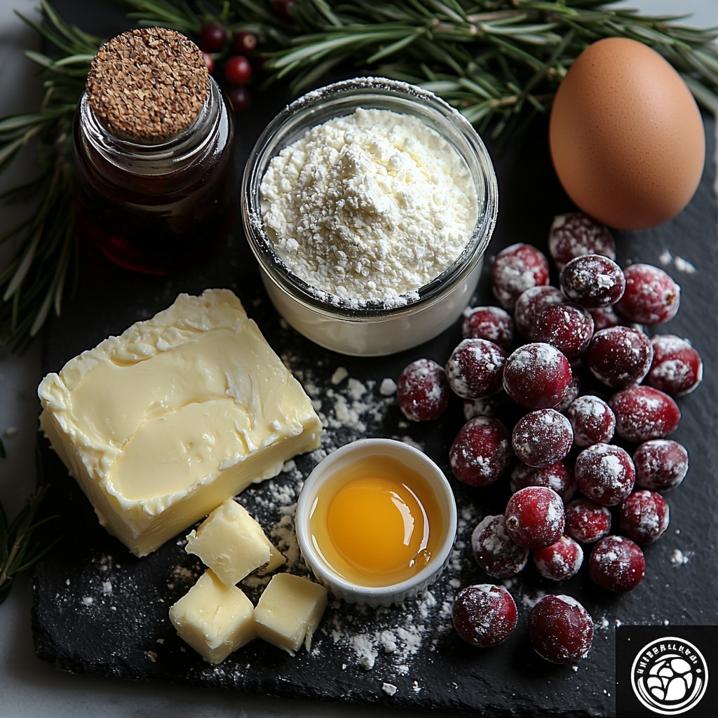 all-purpose flour in a small white ceramic bowl with a dusting of flour spilled artfully beside it; granulated sugar in a clear glass jar with a wooden spoon resting on top; fine grains of sugar sprinkled lightly around; coarse cubes of cold unsalted butter on a slate board, their pale yellow color contrasting with the dark surface; a single large egg yolk in a small glass ramekin, glossy and vibrant orange-yellow; a delicate pile of fresh or frozen cranberries, deep red and frosted with a slight sheen, arranged near a small white bowl containing cranberry topping syrup, rich ruby red and slightly translucent with visible whole cranberry pieces; a small mound of sour cream in a porcelain spoon, creamy and smooth with a soft white color; two packages of cream cheese in their wrappers, unwrapped showing smooth, pure white blocks; vanilla extract in a clear glass bottle with a cork stopper casting subtle reflections; a small pile of sparkling granulated sugar beside a piece of bright orange zest curls adding a pop of color; eggshell halves cracked open revealing glossy inner surfaces; ingredients arranged neatly on a clean white marble surface with natural light coming from the left casting soft shadows, minimalistic styling with a few sprigs of fresh green herbs for contrast, slight texture from linen napkin folded elegantly nearby, overall airy and fresh aesthetic emphasizing the colors and textures of the ingredients — overhead shot, top down view, flat lay photography, professional food styling --ar 1:1 --q 2 --s 750 --v 6.1
