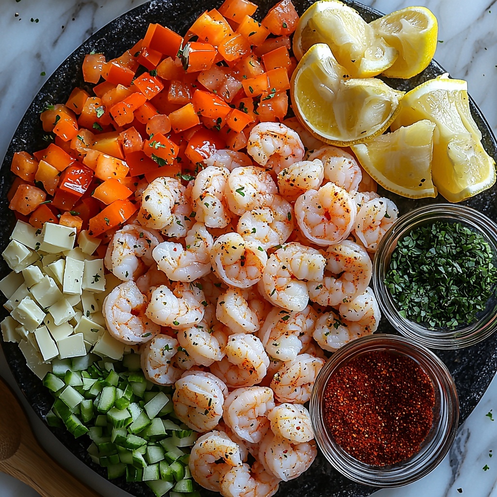 pound of large raw shrimp peeled and deveined, small bowl of Cajun seasoning powder, small bowls of smoked paprika and cayenne pepper, small glass container of golden olive oil, chunks of unsalted butter, finely diced white onion, finely diced bright green bell pepper, finely diced celery stalk, crushed garlic cloves, small bowl of rich red tomato paste, little dish of dark Worcestershire sauce, small piles of dried thyme and dried oregano, clear glass of light chicken or seafood stock, tiny bowl of vivid red hot sauce, pinch of salt, pinch of black peppercorns, fresh chopped green parsley, halved bright yellow lemon wedges, cooked white rice grains on a separate plate, sliced crusty bread pieces, all ingredients meticulously arranged on a clean white marble surface with natural soft lighting enhancing vibrant colors and contrasting textures, minimal shadows, some ingredients in rustic small bowls and others scattered neatly for an inviting, organized feel, subtle props like a wooden spoon and linen napkin adding warmth, overhead shot, top down view, flat lay photography, professional food styling --ar 1:1 --q 2 --s 750 --v 6.1