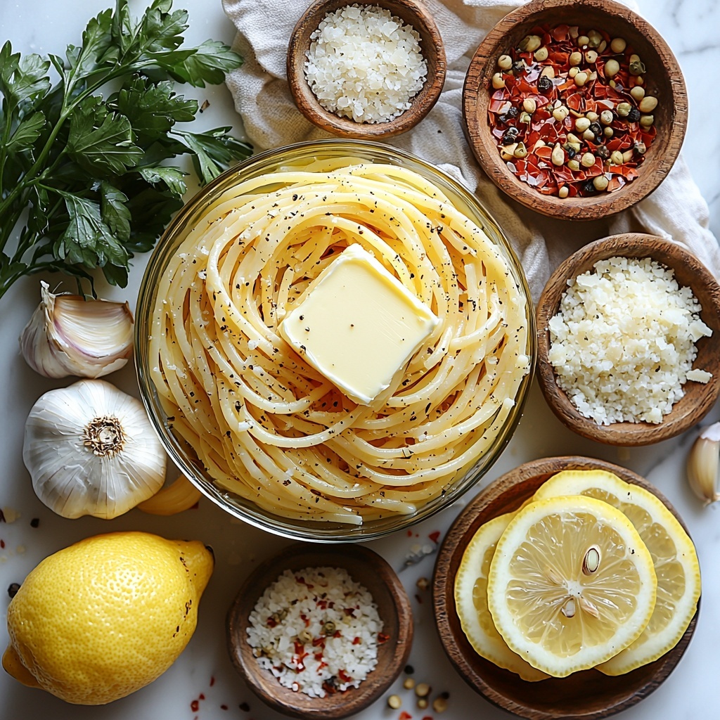 Lemon Butter Pasta Light ingredients flat lay on a clean white marble surface: uncooked golden spaghetti coiled neatly, a small pat of pale creamy unsalted butter on a vintage butter knife, a glass bowl of rich golden olive oil, three peeled garlic cloves and a small pile of finely minced garlic, a fresh whole lemon halved exposing bright yellow juicy flesh alongside a small bowl of lemon zest, a small dish of vibrant red crushed red pepper flakes, separate bowls containing coarse white salt and cracked black peppercorns, a small mound of finely grated ivory Parmesan cheese, and a handful of bright green chopped fresh parsley spread delicately nearby. Soft natural lighting highlights the glossy textures of the olive oil and the freshness of the herbs, with slight shadows adding depth. Items arranged symmetrically with rustic kitchen tools and a linen napkin to add warmth and authenticity. Overhead shot, top down view, flat lay photography, professional food styling --ar 1:1 --q 2 --s 750 --v 6.1