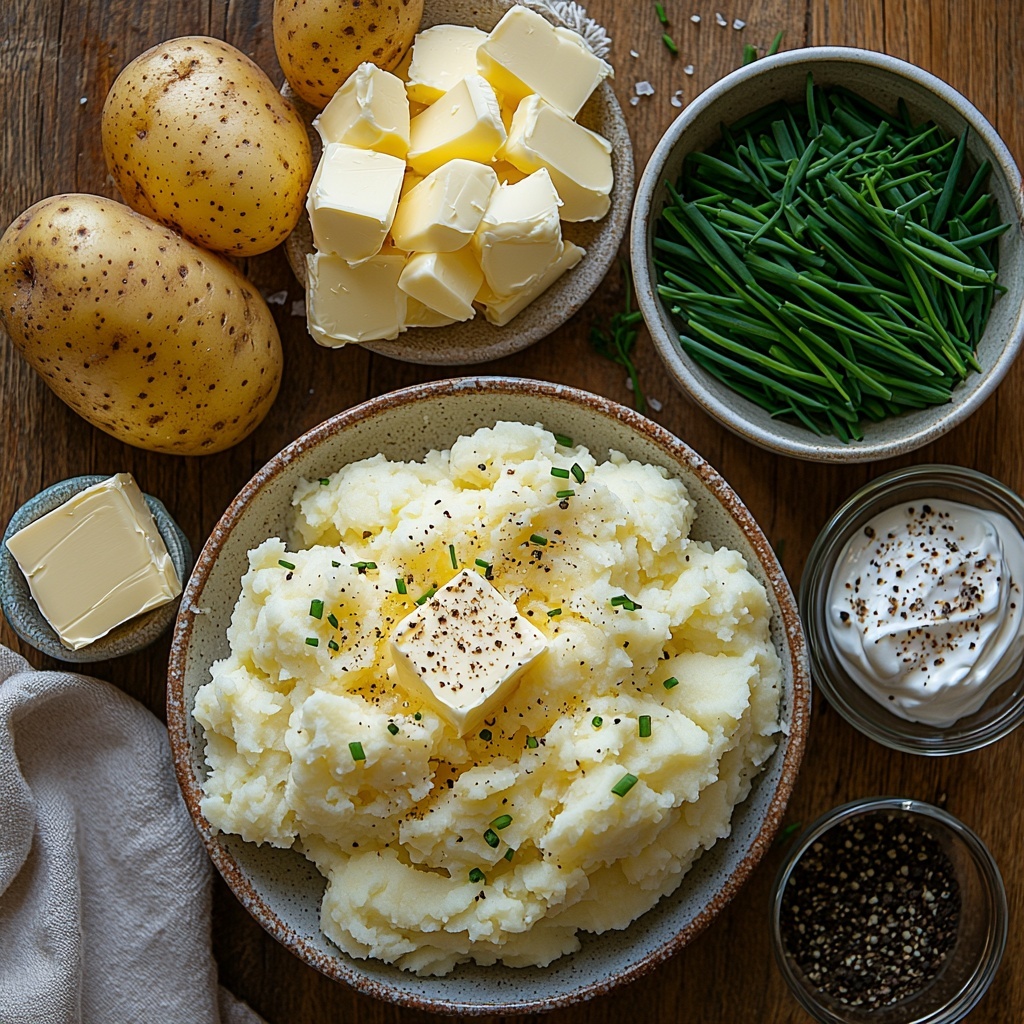A clean, light wooden surface neatly arranged with the main ingredients for buttery baked mashed potatoes: several peeled and chunky russet potato pieces grouped in a small rustic bowl; a slab of creamy, soft cream cheese on a white ceramic plate; a stack of golden salted butter sticks with a Kerrygold label visible; a small glass bowl filled with smooth, rich half and half; a tiny bowl of coarse black pepper; a small pinch bowl of flaky salt; a bunch of vibrant green freshly chopped chives artfully scattered nearby; all ingredients spaced evenly with natural daylight highlighting their textures—the rough potato skin, the glossy butter, the velvety cream cheese, and the fresh herb’s crispness—styled with a few soft linen napkins and simple kitchen utensils for context, subtle shadows enhancing depth, overhead shot, top down view, flat lay photography, professional food styling --ar 1:1 --q 2 --s 750 --v 6.1