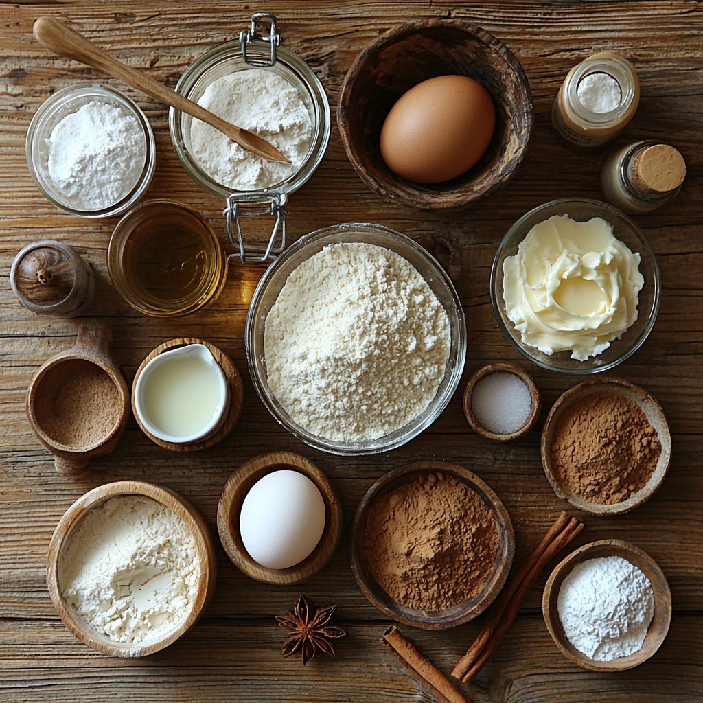 all-purpose flour in a white ceramic bowl, granulated sugar in a small clear glass jar, baking powder in a wooden spoon, salt in a tiny white dish, a measuring cup filled with milk, a large brown egg with a small cracked eggshell beside it, melted butter in a small glass bowl with a golden sheen, vanilla extract in a tiny vintage bottle, brown sugar piled neatly in a small bowl with a wooden scoop, cinnamon powder in a rustic wooden bowl, cream cheese softened and creamy in a white ramekin, powdered sugar in a fine mesh sieve dusted lightly nearby, a small bowl with smooth cream cheese icing, a piping bag filled with cinnamon filling paste folded elegantly on the side. All ingredients arranged neatly on a clean, light wood surface with gentle natural light highlighting the warm tones and contrasting textures — soft powders, glossy liquids, and rustic wooden utensils. Styled with a few scattered cinnamon sticks and a light dusting of flour for texture. Overhead shot, top down view, flat lay photography, professional food styling --ar 1:1 --q 2 --s 750 --v 6.1