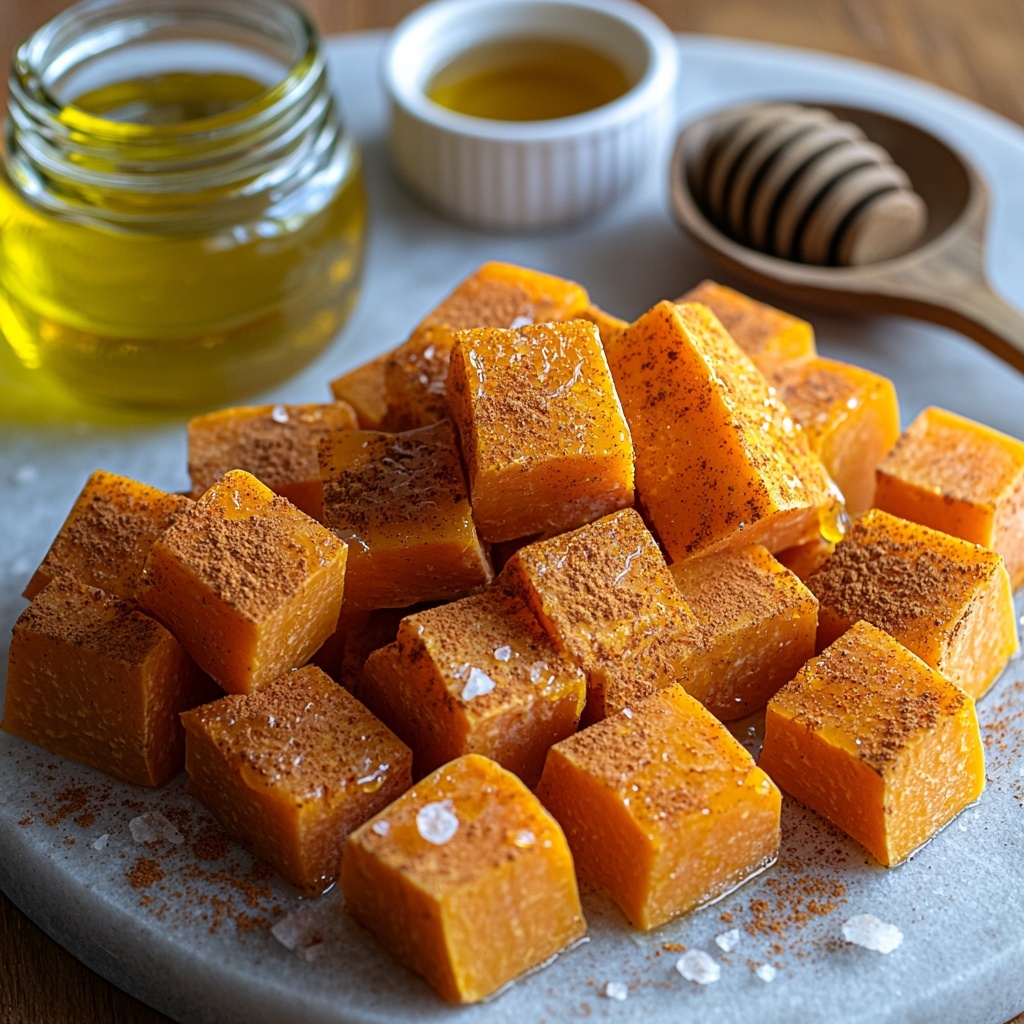 Sweet potatoes cut into vibrant, orange 1-inch cubes arranged neatly on a clean white surface, small glass bowl of golden honey with a drizzle visible, scattered rustic wooden spoon with cinnamon powder dusted lightly nearby, small ceramic dish of warm brown ground cinnamon, a clear glass bottle of rich green olive oil with subtle reflections, coarse sea salt crystals in a tiny white ramekin, all ingredients spaced evenly with natural light highlighting the varied textures from smooth honey to rough sweet potato skin and fine cinnamon powder, minimalist styling with slight shadows and soft focus edges for depth, fresh and inviting color palette emphasizing warm oranges, browns, and golden hues; overhead shot, top down view, flat lay photography, professional food styling --ar 1:1 --q 2 --s 750 --v 6.1