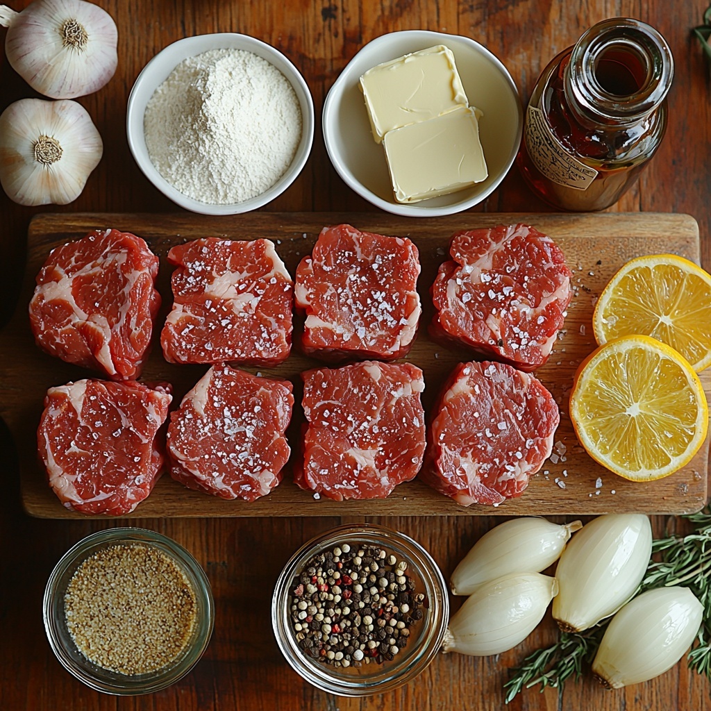 cube steaks raw with marbled texture, small mound of all-purpose flour in a neat pile, glistening olive oil in a small glass bowl, three pats of cold unsalted butter showing smooth creamy texture, small heaps of brown sugar and mixed spices (black pepper, salt, garlic powder, onion powder, chili powder, paprika) arranged in delicate ceramic spoons, translucent cornstarch powder in a white ramekin, two small clear bowls containing rich golden chicken broth and dark beef broth, a single beef bouillon cube with crisp edges, Worcestershire sauce in a tiny vintage bottle, thinly sliced yellow onion rings fanned out on the side, all ingredients carefully spaced on a clean light wood surface with natural soft daylight casting gentle shadows, minimal props with neutral linen napkin partially visible, emphasizing warm earthy tones and textures, hint of rustic kitchen aesthetic, overhead shot, top down view, flat lay photography, professional food styling --ar 1:1 --q 2 --s 750 --v 6.1