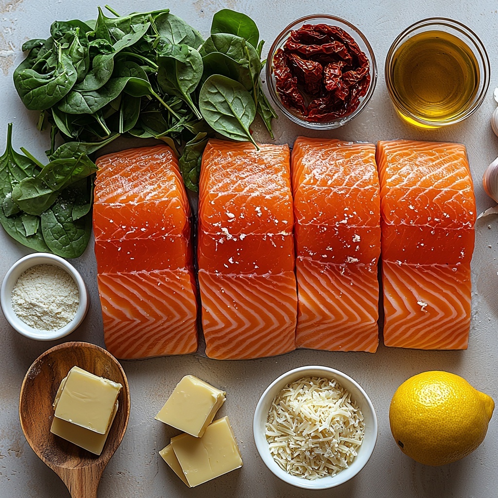 a clean white surface neatly arranged with the main ingredients for Creamy Tuscan Salmon with Orzo: four raw salmon fillets, pink and marbled with delicate fat layers; a small mound of uncooked golden orzo pasta; fresh bright green baby spinach leaves spread loosely; a dollop of rich red tomato paste in a small white bowl; sun-dried tomatoes in deep reddish-brown hues sitting in a glass dish, lightly glistening with oil; two kinds of grated parmesan cheese—one in a small heap, fine and off-white, another in a larger portion; fresh shallot finely minced, pale purple and white, laid on a wooden spoon; garlic cloves, both whole and minced, creamy-white and slightly glossy; small bowls containing golden yellow butter chunks and golden olive oil; dried red pepper flakes sprinkled artistically; lemon halves with bright yellow flesh and a few lemon slices; vibrant green fresh basil or parsley sprigs adding a pop of color; seasoning bowls with salt and black pepper granules; vegetable broth visible in a clear glass measuring cup showing a warm golden liquid; small dish with all-purpose flour, soft and powdery white texture—all arranged in a balanced, harmonious composition emphasizing color contrast and texture variety, styled with soft natural lighting casting gentle shadows, minimalistic and airy feel, focus on freshness and rustic charm, overhead shot, top down view, flat lay photography, professional food styling --ar 1:1 --q 2 --s 750 --v 6.1