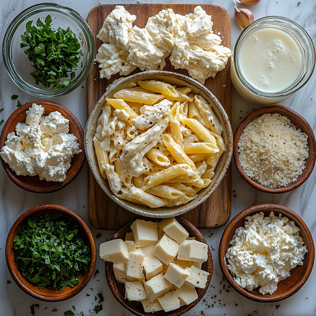 Flat lay photography of main ingredients for Best Chicken Alfredo Casserole artfully arranged on a clean white marble surface: uncooked golden penne pasta in a rustic ceramic bowl; a small glass dish of vibrant green extra virgin olive oil; tender shredded cooked chicken breast piled neatly on a wooden board; creamy white blocks of softened cream cheese on a small plate; a glass jug of smooth, off-white milk; minced garlic cloves scattered in a tiny bowl; mixed Italian seasoning herbs in a fine heap; piles of shredded mozzarella cheese in soft white clusters; small bowls of finely grated Parmesan cheese with a pale yellow hue; salt and pepper in minimalist glass shakers; and fresh bright green chopped parsley elegantly sprinkled around for garnish. The composition highlights varied textures—dry pasta ridges, creamy cheese softness, fluffy shredded chicken—and color contrasts of whites, greens, and warm yellows, all lit with soft natural light casting gentle shadows. The scene is styled with subtle props like wooden spoons and linen napkins to evoke a cozy, inviting kitchen atmosphere. Overhead shot, top down view, flat lay photography, professional food styling --ar 1:1 --q 2 --s 750 --v 6.1