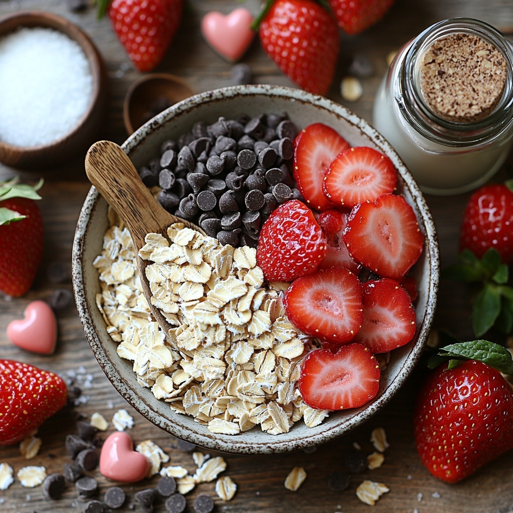 Rolled oats in a small rustic bowl, creamy milk in a clear glass jug, a wooden spoon filled with golden brown sugar, a small glass bowl with rich dark chocolate chips, fresh vibrant red sliced strawberries arranged neatly on a white ceramic plate, two crumbled Valentine cookies with delicate heart shapes and soft crumb texture scattered artfully, a tiny white dish holding a pinch of fine salt, a small glass bottle of vanilla extract with a cork stopper; all ingredients placed thoughtfully on a clean, light wooden surface with soft natural lighting that highlights the contrasting textures—creamy, crunchy, juicy, and crumbly—minimal shadows, warm and inviting color palette with reds, browns, and creamy whites, styled with subtle botanical elements like a few fresh mint leaves for freshness, occasional crumbs gently scattered to enhance authenticity, elegant and balanced composition emphasizing each ingredient’s color and texture; overhead shot, top down view, flat lay photography, professional food styling --ar 1:1 --q 2 --s 750 --v 6.1