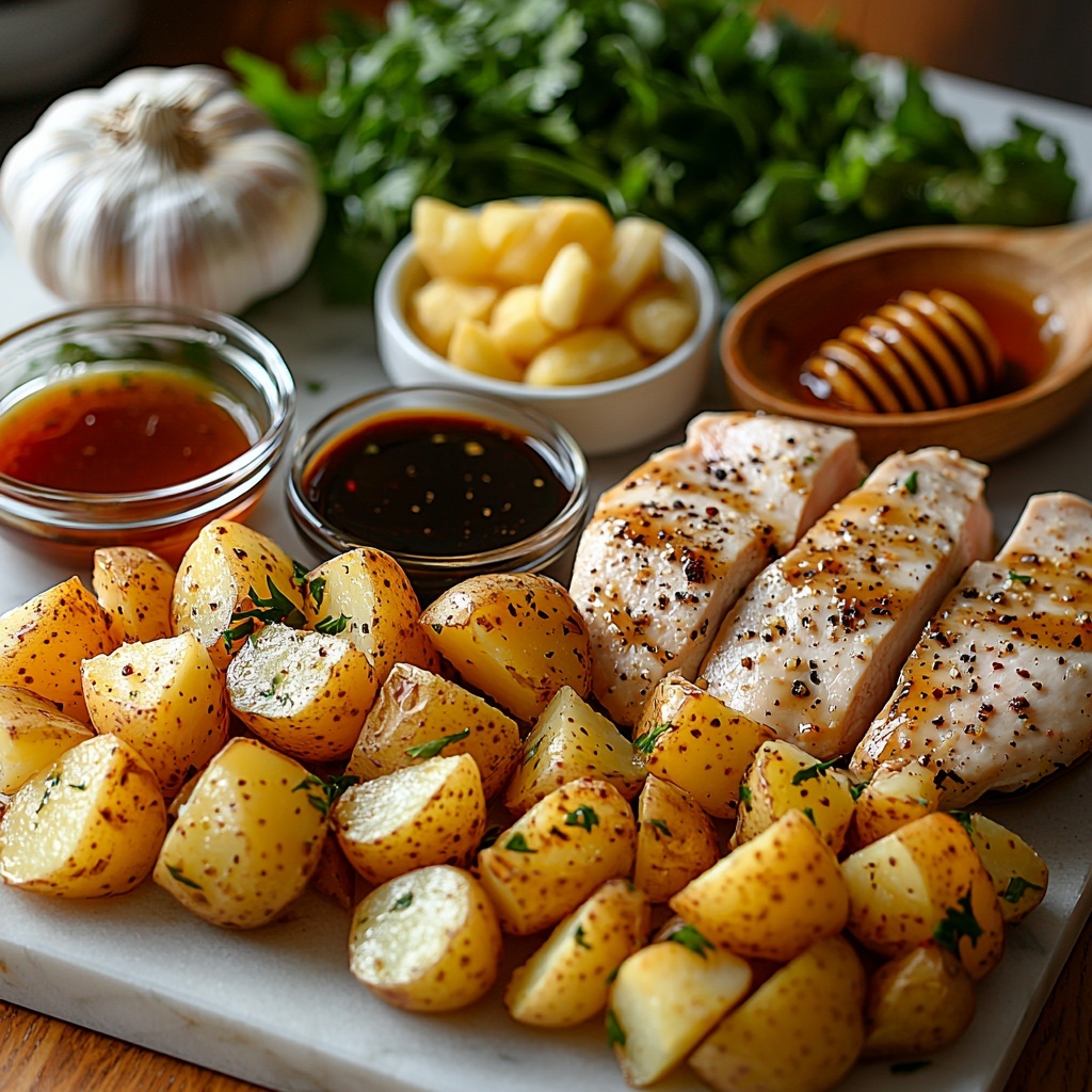 boneless, skinless chicken breasts with smooth pale pink flesh, halved baby potatoes showcasing creamy yellow interiors and rustic brown skins, small glass bowls of deep dark balsamic vinegar and rich golden olive oil, a wooden spoon coated in glossy amber honey, fresh cloves of garlic with papery white skins and minced garlic in a tiny white ceramic dish, dried oregano scattered delicately as greenish flakes, coarse salt and cracked black peppercorns artistically sprinkled, and a vibrant bunch of fresh parsley with bright green leaves, all carefully arranged on a clean white marble surface. The ingredients are spaced evenly with varying textures—smooth chicken, rough potatoes, glossy liquids, and fresh greenery—to create visual balance and contrast. Natural soft daylight highlights the vivid colors and subtle shadows, with minimal props to maintain focus on the ingredients. overhead shot, top down view, flat lay photography, professional food styling --ar 1:1 --q 2 --s 750 --v 6.1