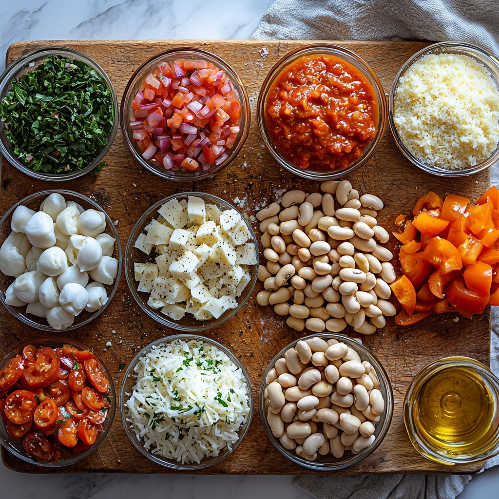 a clean white surface with a rustic wooden cutting board placed slightly off-center, displaying finely diced medium onion and half a green bell pepper in small white bowls, four peeled garlic cloves minced and arranged neatly nearby, a small heap of dried oregano sprinkled artfully on the board, two open cans showing drained and rinsed butter beans and cannellini beans with some beans spilled gently beside them, an opened can of bright red pizza sauce and a can of smooth tomato sauce with vibrant hues, a small white bowl filled with miniature pepperoni slices exhibiting rich red and orange tones, a generous mound of shredded mozzarella cheese showcasing soft, creamy white strands, a small dish of grated Parmesan cheese with a fine, crumbly texture, a tablespoon of golden olive oil glistening in a glass ramekin, all ingredients spaced evenly with natural lighting highlighting their colors and textures, gentle shadows creating depth, minimal garnishes for subtle contrast, styled with clean, modern kitchenware and textured linen napkin casually placed at the corner, overhead shot, top down view, flat lay photography, professional food styling --ar 1:1 --q 2 --s 750 --v 6.1