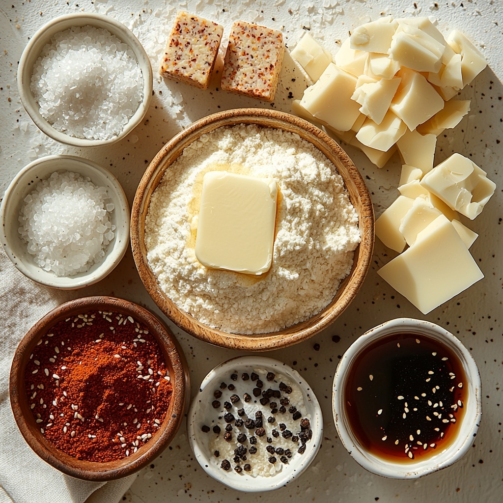 Butter pat melting on small white dish, mound of all-purpose flour in a rustic ceramic bowl, clear glass measuring cup filled with golden low-sodium chicken broth, single beef bouillon cube with visible embossed lettering, small white bowls containing finely ground onion powder, garlic powder, black pepper, and a pinch of paprika with rich red hue, small dish with dark soy sauce glistening, coarse sea salt crystals scattered artistically on the clean matte white surface; ingredients arranged with ample negative space for clarity, natural soft daylight from one side creating gentle shadows, textures emphasized — the smooth butter, powdery flour and spices, translucent broth contrast; minimalist, clean styling with neutral-toned linen napkin and simple wooden spoon placed casually; overhead shot, top down view, flat lay photography, professional food styling --ar 1:1 --q 2 --s 750 --v 6.1