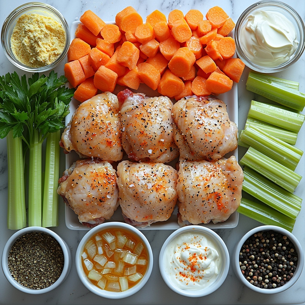 Chicken thighs, all-purpose flour, whole onions, fresh celery stalks, peeled carrots, strips of crispy bacon, a small bowl of golden chicken stock, a small dish of yellow mustard, dried thyme sprigs, garlic powder in a white ceramic spoon, coarse salt and cracked black pepper in small white bowls, creamy dollops of creme fraiche in a glass ramekin, fresh bright green parsley leaves scattered nearby, ingredients neatly arranged on a clean white marble surface, vibrant contrasting colors with rustic natural textures, soft natural lighting highlighting freshness and detail, minimalistic and tidy composition with subtle shadows for depth, overhead shot, top down view, flat lay photography, professional food styling --ar 1:1 --q 2 --s 750 --v 6.1