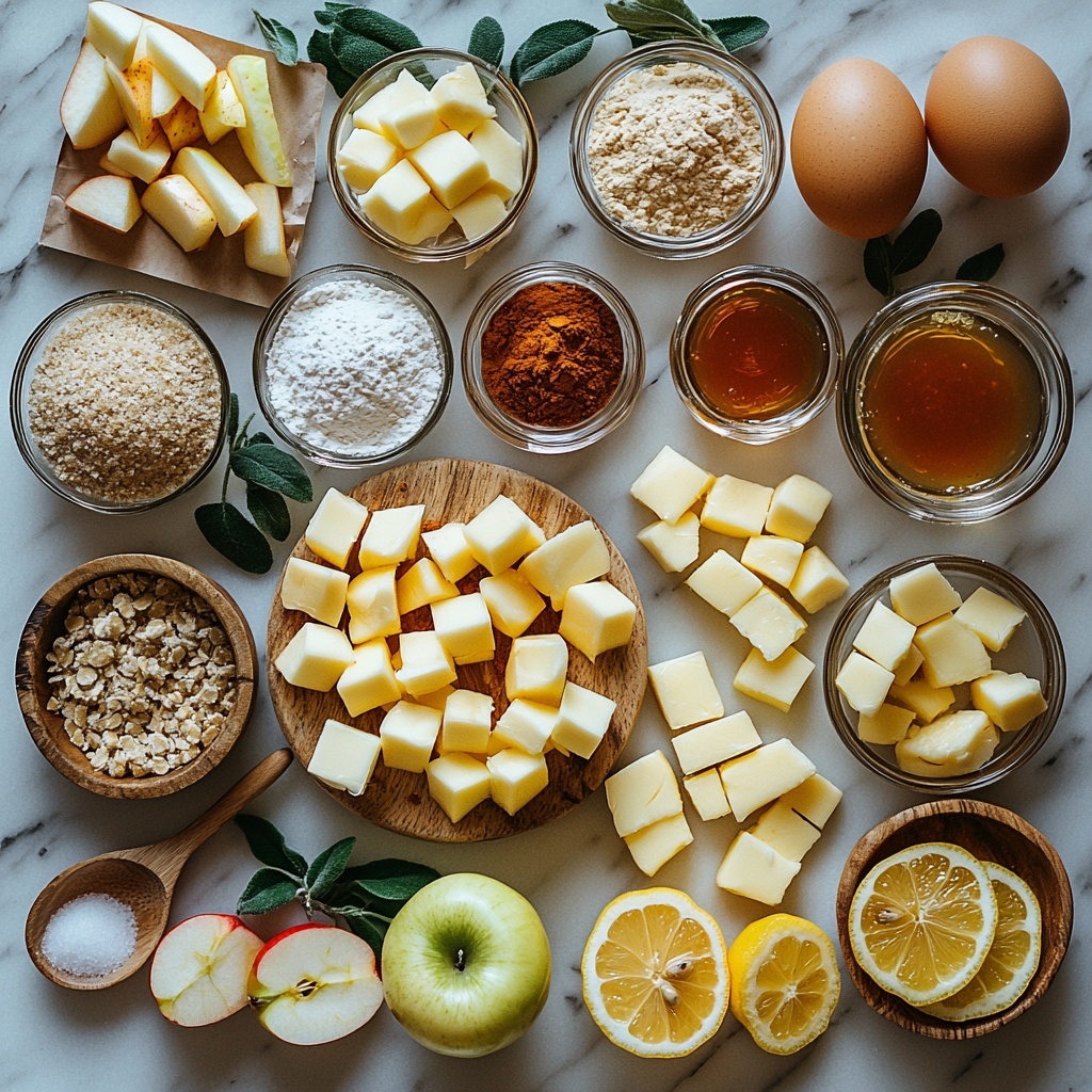 A clean white marble surface with all ingredients for apple pie cookies artfully arranged in a visually pleasing flat lay: small clear glass bowls filled with granulated sugar, light brown sugar (both packed and loose for texture contrast), ground cinnamon, apple pie spice, and baking powder; peeled, small diced pieces of Honeycrisp and Granny Smith apples showing vibrant reds and greens alongside bright yellow lemon wedges and a small dish of fresh lemon juice; a small bowl of cornstarch; a shallow dish holding golden caramel sauce and a pat of salted butter; a neat mound of cold unsalted butter cubes with visible cold texture; a pile of light beige bread flour with visible fine texture; a cardboard box of instant vanilla pudding mix slightly opened, showing powder; 3 large brown eggs arranged with natural shadows; a small glass bottle of vanilla extract with a wooden cork; a small bowl of water with slight ripples; all ingredients spaced evenly with subtle rustic wooden spoons and a light linen napkin adding warmth; natural soft daylight highlighting the warm tones and contrasting textures, slight shadows adding depth, styled neatly but with an inviting natural feel, shot overhead with a focus on vibrant colors, varied textures from powders and liquids to fresh fruit and cold butter — overhead shot, top down view, flat lay photography, professional food styling --ar 1:1 --q 2 --s 750 --v 6.1