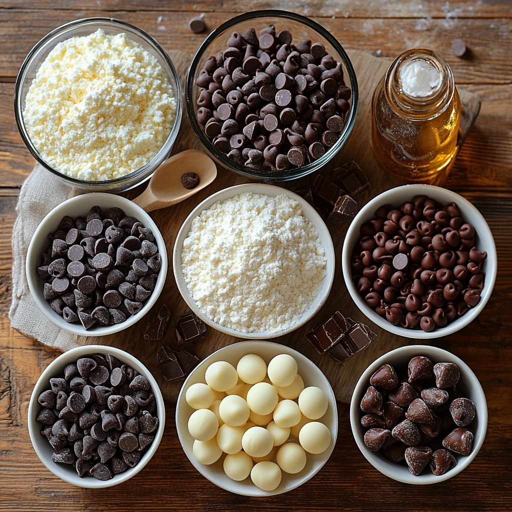 unsalted butter, granulated sugar, light brown sugar, large eggs, vanilla extract, all-purpose flour, baking soda, salt, standard size chocolate chips, mini chocolate chips, chocolate-covered candies arranged neatly on a clean, light wooden surface; butter softened and slightly creamy, sugars in small glass bowls showing coarse and packed textures, eggs whole with smooth shells, vanilla extract in a small glass bottle with amber liquid, flour in a white ceramic bowl with a soft powdery texture, baking soda and salt in tiny white spoons; chocolate chips scattered artfully in small piles emphasizing their glossy dark brown sheen, mini chocolate chips and chocolate-covered candies placed in small white ramekins highlighting their varied shapes and colors; natural soft daylight illuminating the scene with gentle shadows, minimalistic styling with rustic wooden spoons and a crisp linen napkin to add warmth, focus on texture contrasts and color harmony, clean and inviting composition, overhead shot, top down view, flat lay photography, professional food styling --ar 1:1 --q 2 --s 750 --v 6.1