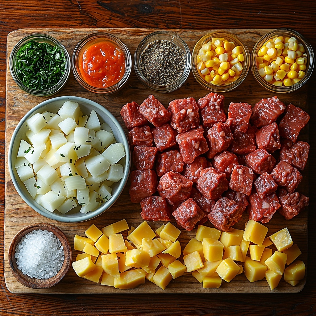 A clean wooden surface with all the main ingredients for a hearty ground beef and potatoes skillet neatly arranged: a small glass bowl of golden olive oil, a mound of raw ground beef with a rich red color and marbled texture, a small white bowl of diced white onion, a few garlic cloves minced finely on a light ceramic dish, a spoonful of bright red tomato paste on a rustic spoon, a small jar of dark Worcestershire sauce with a glossy finish, a heap of smoked paprika powder in a tiny bowl showing deep reddish-brown hues, a pile of peeled potatoes diced into half-inch cubes exhibiting creamy off-white tones, thinly sliced vibrant orange carrots arranged in a fan, fresh yellow corn kernels in a small bowl showing natural gloss, a clear glass measuring cup of rich brown beef broth, small rustic bowls of coarse sea salt and cracked black peppercorns, and a small bowl of shredded sharp cheddar cheese with a bright yellow-orange color. The ingredients are spaced evenly with contrasting colors and textures creating visual balance, styled with natural light casting soft shadows, minimal props, a clean and bright aesthetic emphasizing freshness and wholesomeness. overhead shot, top down view, flat lay photography, professional food styling --ar 1:1 --q 2 --s 750 --v 6.1