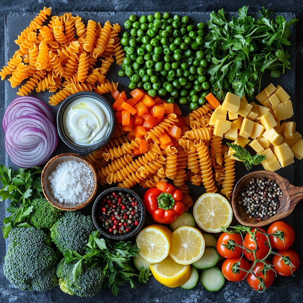 A bright, clean flat lay arrangement of fresh and vibrant Pasta Primavera ingredients on a smooth white surface. Include colorful clusters of broccoli florets, neatly julienned orange carrots, thinly sliced red onion rings, vivid red bell pepper slices, and chunky green zucchini pieces. Scatter fresh frozen green peas and halved cherry tomatoes showing their juicy interiors. Add a small bowl of chicken broth with a chicken bouillon cube nearby, a separate small bowl holding half and half cream, and a tiny dish with soy sauce and hot sauce. Display a spoon with dried herbs—parsley, basil, oregano, and mustard powder—alongside a pinch of red pepper flakes. Place a marble bowl holding coarse salt and cracked black pepper. Show three cloves of peeled garlic and a small mound of flour next to a few tablespoons of golden olive oil and butter cubes. Include a wooden spoon with freshly grated parmesan cheese piled high and a neat pile of dried ziti pasta. Finish with a lemon wedge or two for a fresh burst of color. The composition highlights the vivid, natural colors and textures of each ingredient, with soft, natural lighting casting gentle shadows for depth. The layout is airy but balanced, emphasizing freshness and variety, styled with minimal props to keep the focus on the vibrant ingredients. overhead shot, top down view, flat lay photography, professional food styling --ar 1:1 --q 2 --s 750 --v 6.1