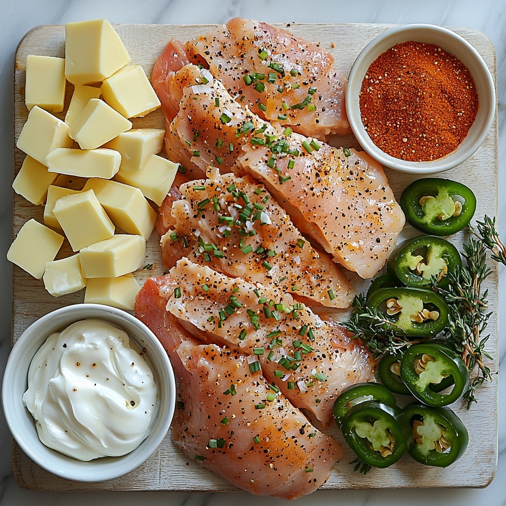 Jalapeño popper chicken ingredients artistically arranged on a clean white marble surface: two raw boneless skinless chicken breasts, seasoned with visible specks of salt, pepper, and paprika; a small bowl of vibrant diced green jalapeños (seeded); three peeled garlic cloves minced finely; a half cup of creamy sour cream in a small white ceramic ramekin; cream cheese cut into soft white cubes on a rustic wooden board; a mound of shredded sharp orange cheddar cheese; five strips of crispy golden-brown chopped bacon scattered naturally; three bright green sliced scallions with white roots visible; a small dish of golden olive oil with a subtle shine; two tablespoons butter cubes slightly softened on a glass plate; a small pile of pale beige all-purpose flour; a measuring cup with light golden chicken broth mixed with visible herbs and a touch of red hot sauce; teaspoons of dried oregano, mustard powder, parsley, onion powder and garlic powder arranged carefully in tiny white bowls; a single half chicken bouillon cube sitting near them. The textures contrast beautifully—the smooth cream cheese, flaky bacon, fine powders, moist chicken, and fresh vegetables—styled with minimal rustic props and soft natural daylight casting gentle shadows. Overhead shot, top down view, flat lay photography, professional food styling --ar 1:1 --q 2 --s 750 --v 6.1