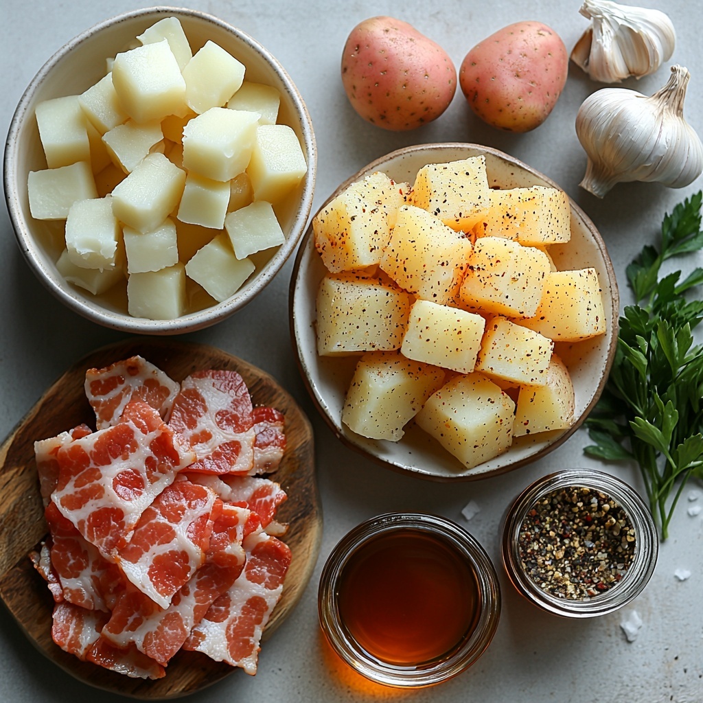 A clean white surface with neatly arranged ingredients for Bangin Breakfast Potatoes: three medium golden potatoes diced into ½-inch cubes, raw and neatly stacked in a small white bowl; two slices of bacon, frozen and cut into bite-sized pieces, placed on a small rustic ceramic plate; a small glass bowl with two tablespoons of golden olive or avocado oil; a white ceramic spoon holding coarse salt, another with cracked black pepper, and a small dish containing Old Bay seasoning with warm reddish-brown hues; two peeled garlic cloves, one minced finely on a wooden board alongside a small sprig of fresh green parsley or chives for garnish; a small elegant jar or ramekin filled with amber pure maple syrup with light reflecting off its glossy surface. The ingredients are spaced evenly with natural soft daylight illuminating the scene, highlighting the rich colors and textures—rough potato skin, shiny bacon fat, coarse seasonings, and fresh herbs. Minimal shadows, crisp focus, and subtle rustic kitchen props add warmth and authenticity. overhead shot, top down view, flat lay photography, professional food styling --ar 1:1 --q 2 --s 750 --v 6.1