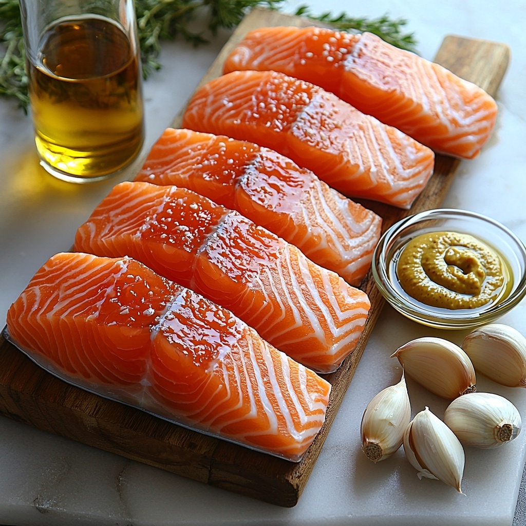 4 raw salmon fillets with skin on, vibrant pink-orange flesh and glossy texture, arranged neatly in the center on a clean white marble surface; small clear glass bowl of golden honey with smooth, thick consistency placed beside a matte ceramic bowl containing dark amber low sodium soy sauce; small dish of bright yellow Dijon mustard with creamy texture positioned near two peeled garlic cloves, white with slight papery peel texture; a slender bottle or small bowl of rich green olive oil with a glossy surface; ingredients spaced evenly with natural daylight highlighting their colors and textures, subtle shadows for depth, simple rustic props like a wooden chopping board partially visible at the edge, minimal and clean styling emphasizing freshness and natural tones, overhead shot, top down view, flat lay photography, professional food styling --ar 1:1 --q 2 --s 750 --v 6.1