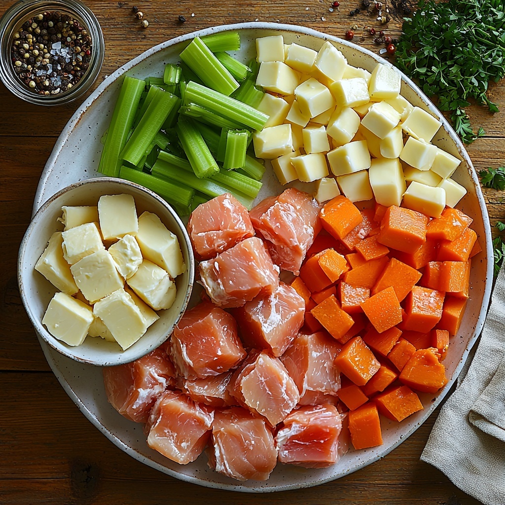 chicken thighs and breasts raw, pink and plump, arranged on a rustic white ceramic plate; freshly diced bright orange carrots in a small white bowl; vibrant green diced celery pieces in a glass bowl; finely chopped translucent onion scattered lightly on a clean wooden surface; two peeled garlic cloves, whole and minced clove pieces in a small dish; rich golden-yellow butter in a vintage silver butter dish; a small heap of fine off-white all-purpose flour on a wooden cutting board; clear golden chicken broth in a glass measuring cup catching the light; creamy white milk in a small glass pitcher; a small white bowl with coarse white salt and a wooden spoon nearby; black peppercorns and a small heap of ground black pepper on a dark slate tile; dried thyme sprigs laid out neatly, muted green-gray color; quartered pale golden biscuit dough pieces arranged in a circle on parchment paper; fresh chopped bright green parsley sprinkled gently on a linen napkin; all ingredients spaced evenly on a clean matte light wood surface with soft natural daylight, subtle shadows enhancing textures, minimalist styling with a few sprigs of fresh herbs for freshness, slight rustic farmhouse vibe, overhead shot, top down view, flat lay photography, professional food styling --ar 1:1 --q 2 --s 750 --v 6.1