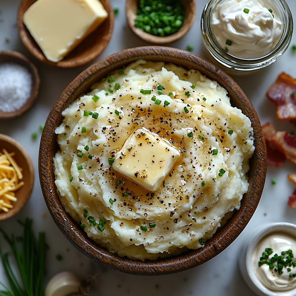 Leftover garlic mashed potatoes in a rustic ceramic bowl with creamy, slightly textured surface; a small pat of melting golden butter on a wooden butter dish; a medium yellow onion, one whole and one half with visible layers and vibrant pale yellow color; a clear glass measuring cup filled with rich, golden chicken broth; a small glass jar of thick, white heavy cream; rustic salt and black pepper in small white ceramic bowls; optional toppings arranged nearby including finely shredded cheddar cheese in a neat pile, crispy crumbled bacon pieces scattered artfully, bright green chopped chives in a small white ramekin, and a dollop of smooth sour cream on a small plate. All items placed neatly on a clean white marble surface with soft natural light, shadows adding depth, minimal props, fresh and inviting styling, vibrant colors and textures contrasting beautifully, overhead shot, top down view, flat lay photography, professional food styling --ar 1:1 --q 2 --s 750 --v 6.1