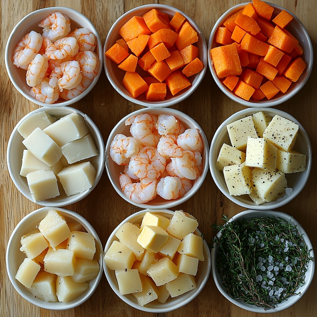 fresh fish chunks (haddock or cod) in pale pink and white hues, raw shrimp peeled and deveined with translucent pink shells, plump white scallops, diced golden potatoes, small cubes of orange carrots, finely diced white onions, crisp green celery pieces, two cloves of minced garlic with smooth white texture, a small pat of creamy yellow butter, fresh green thyme sprigs, rustic salt crystals and cracked black pepper scattered lightly; all ingredients meticulously arranged in small white ceramic bowls and directly on a clean light wooden surface, creating a harmonious balance of colors and textures; natural soft daylight illuminating the scene from one side, subtle shadows enhancing depth, minimalistic styling with a few fresh herbs casually placed, evoking freshness and coastal vibes; overhead shot, top down view, flat lay photography, professional food styling --ar 1:1 --q 2 --s 750 --v 6.1