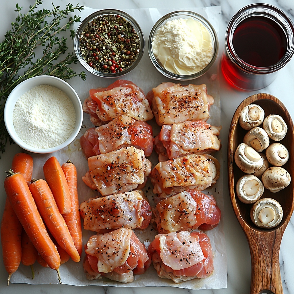 bacon slices cut into 1-inch pieces, bone-in skin-on chicken thighs raw, kosher salt in small white ceramic spoon, minced garlic cloves in a small glass bowl, peeled and quartered shallots, halved cremini mushrooms, melted unsalted butter in a rustic small bowl, all purpose flour lightly spilled on parchment paper, fresh thyme sprigs and a whole bay leaf placed nearby, smooth dollop of rich tomato paste on a wooden spoon, large carrots halved lengthwise and cut into chunks with vibrant orange color, clear glass with chicken stock, deep red dry red wine in a small decanter, freshly chopped parsley scattered loosely on crumpled parchment, all ingredients arranged neatly on a clean white marble surface with natural soft lighting creating gentle shadows emphasizing textures, slight rustic touch with a few scattered herbs and flour dust, minimalist and balanced composition highlighting freshness and earth tones, overhead shot, top down view, flat lay photography, professional food styling --ar 1:1 --q 2 --s 750 --v 6.1