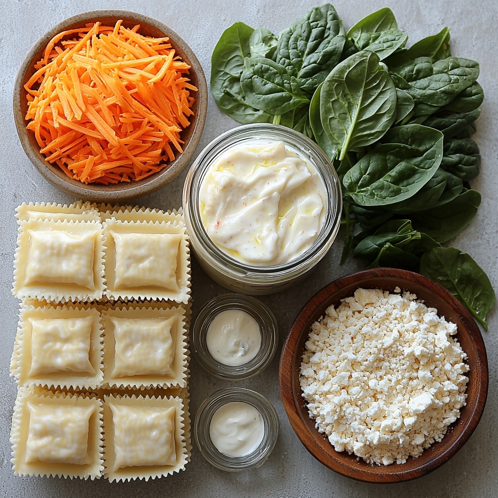 A clean, bright white surface showcasing a carefully arranged flat lay of ingredients for a lazy day vegetable lasagna. Two neatly stacked packs of frozen ravioli with frosty edges on one side, next to a glass jar of creamy Alfredo sauce with its lid off, showing the smooth white sauce inside. A small ceramic bowl filled with vibrant shredded orange carrots, their fine texture catching the light. Fresh, deep green spinach leaves loosely piled, showcasing their natural veins and glossy finish. A rustic wooden bowl heaped with shredded mozzarella cheese, fluffy and snowy white. Nearby, a small clear bowl containing golden toasted panko breadcrumbs with a sprinkle of melted butter shimmering on top. The arrangement balances colors and textures—smooth sauce, frosty pasta, bright veggies, soft cheese, and crispy crumbs—styled with natural soft daylight, minimal shadows, and clean spacing to emphasize freshness and simplicity. Overhead shot, top down view, flat lay photography, professional food styling --ar 1:1 --q 2 --s 750 --v 6.1