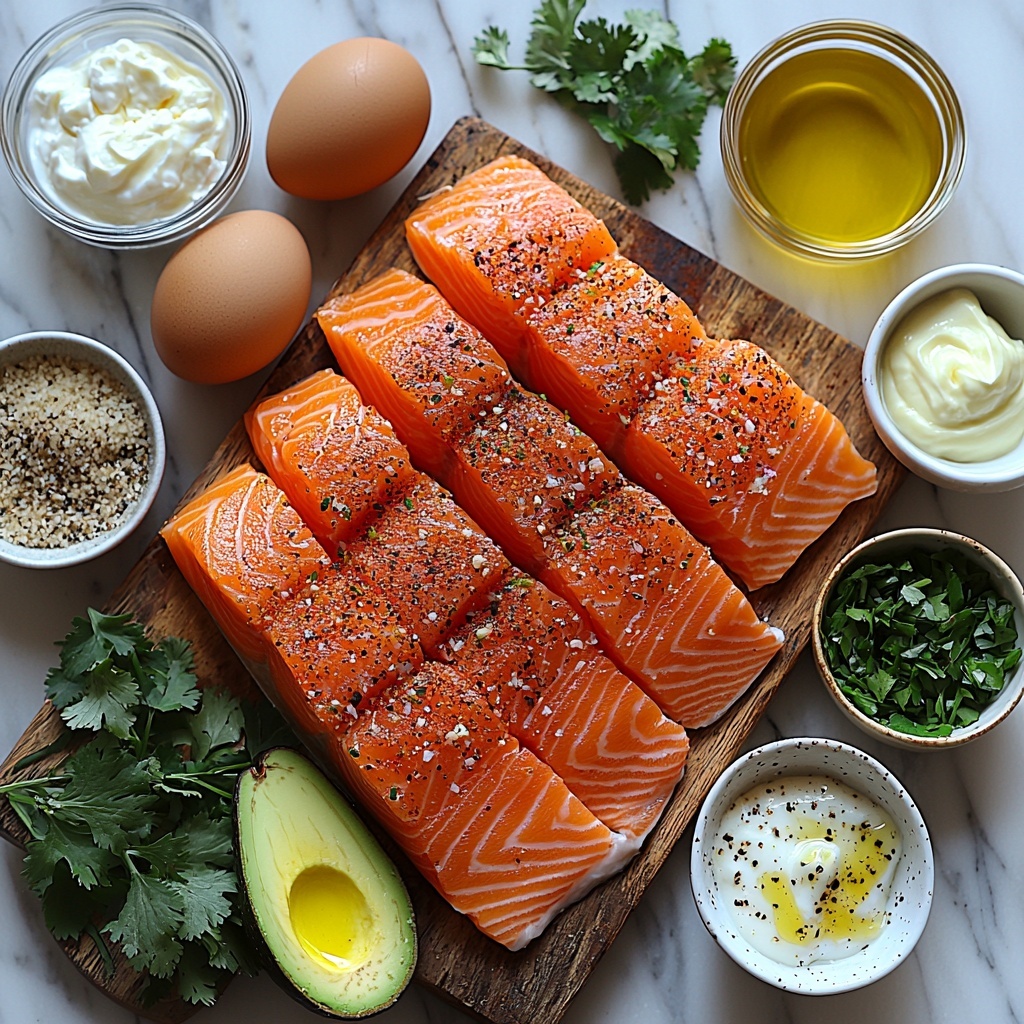 fresh salmon fillet, skin removed, bright coral pink with natural marbling, cut into chunks; fresh parsley and cilantro, finely chopped, vibrant green leaves, scattered lightly; golden breadcrumbs or almond flour in a small rustic bowl; large egg, whole and cracked open to show yolk in a tiny clear dish; garlic cloves, whole and minced, white with papery skins partially peeled, some minced piles on a wooden board; smoked paprika in a small white ceramic spoon, deep rusty red powder; fresh lemon zest, bright yellow fine strands on a small plate; coarse sea salt and freshly ground black pepper in tiny glass bowls; golden olive oil in a clear glass bottle with light reflections; ripe avocado, halved showing creamy green flesh and textured brown pit, also mashed smooth in a small bowl; a bowl of freshly chopped cilantro, vibrant green; Greek yogurt or sour cream in a small white bowl, thick and creamy; freshly squeezed lime juice in a small glass container, pale green liquid; clean white marble surface as the background with natural soft daylight enhancing the fresh colors and textures, minimal shadows, arranged with balanced spacing and harmonious color contrast, accentuating freshness and wholesome ingredients, overhead shot, top down view, flat lay photography, professional food styling --ar 1:1 --q 2 --s 750 --v 6.1