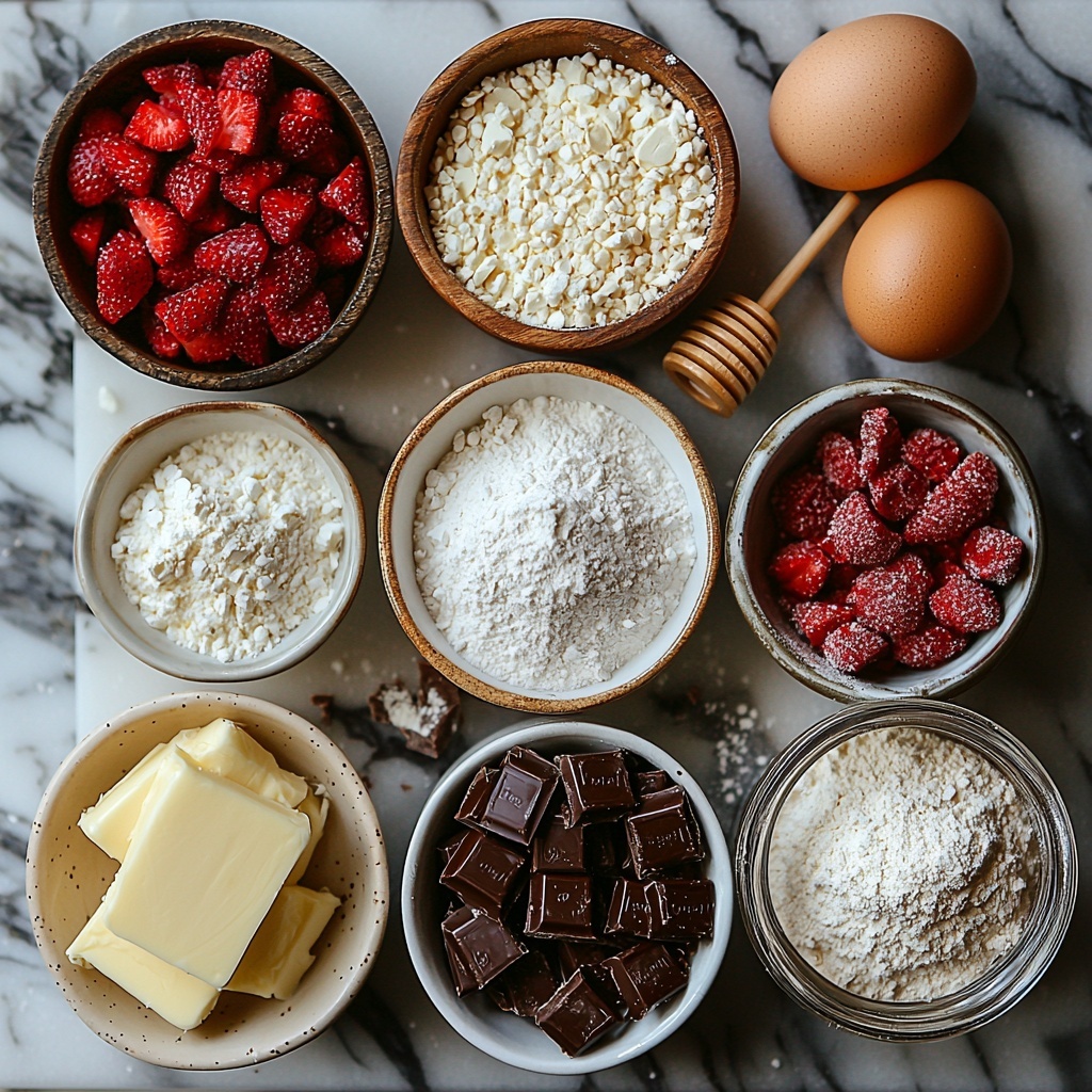 A clean white marble surface neatly arranged with the main ingredients for Strawberry Kiss Cookies: a softened pale yellow cup of unsalted butter on a small glass dish, a ceramic bowl filled with sparkling white granulated sugar, another bowl with fine white powdered sugar, a large brown egg resting in a rustic wooden egg holder, a small glass jar of rich amber vanilla extract with a wooden honey dipper beside it, a white ceramic bowl of sifted all-purpose flour with a dusting of flour scattered gently around, a tiny white ramekin containing fine white baking powder, a pinch bowl with a small amount of white salt, a small white bowl filled with vibrant crushed freeze-dried strawberries showing deep pink and red specks, and a scattering of shiny unwrapped metallic silver and brown chocolate Kisses arranged artfully to catch light. Soft natural daylight illuminates the scene from the side, casting gentle shadows, textures highlighted—powdery sugars, smooth butter, delicate strawberry fragments, and glossy chocolate shine. Minimalist styling with clean lines, subtle sprinkles of flour and strawberry bits for an organic touch, all elements spaced evenly for harmony and visual balance. Overhead shot, top down view, flat lay photography, professional food styling --ar 1:1 --q 2 --s 750 --v 6.1