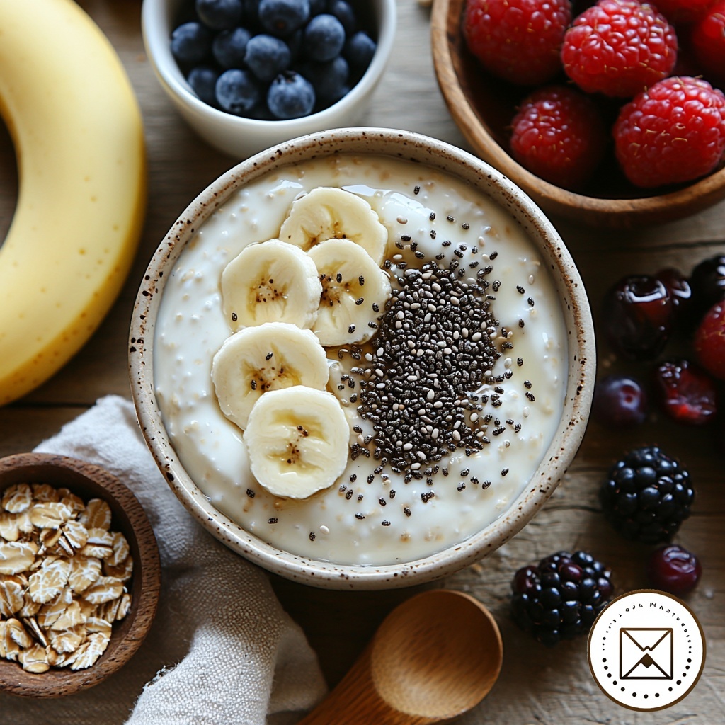 Rolled oats in a small clear bowl showing their coarse, beige texture; a glass jug of creamy white milk beside it, slightly reflective; a white ceramic bowl with thick, smooth Greek yogurt; a small wooden spoon filled with glossy dark brown chia seeds; a rustic wooden dish holding golden amber maple syrup with a honey dipper; a tiny white ramekin containing warm brown ground cinnamon powder; a small heap of coarse white salt crystals on a natural linen cloth; plump, wrinkled dark brown raisins scattered artfully; a small bowl with mixed chopped walnuts and almonds adding rough, textured brown tones; fresh banana slices with creamy pale yellow flesh, and vibrant red and blue berries (strawberries, blueberries) arranged around; additional cinnamon sprinkled lightly on a clean white surface; all ingredients spaced evenly on a light natural wood background with soft natural light casting gentle shadows, styled with minimalistic neutral linen napkins and rustic ceramic bowls, creating a cozy, inviting breakfast feel—overhead shot, top down view, flat lay photography, professional food styling --ar 1:1 --q 2 --s 750 --v 6.1
