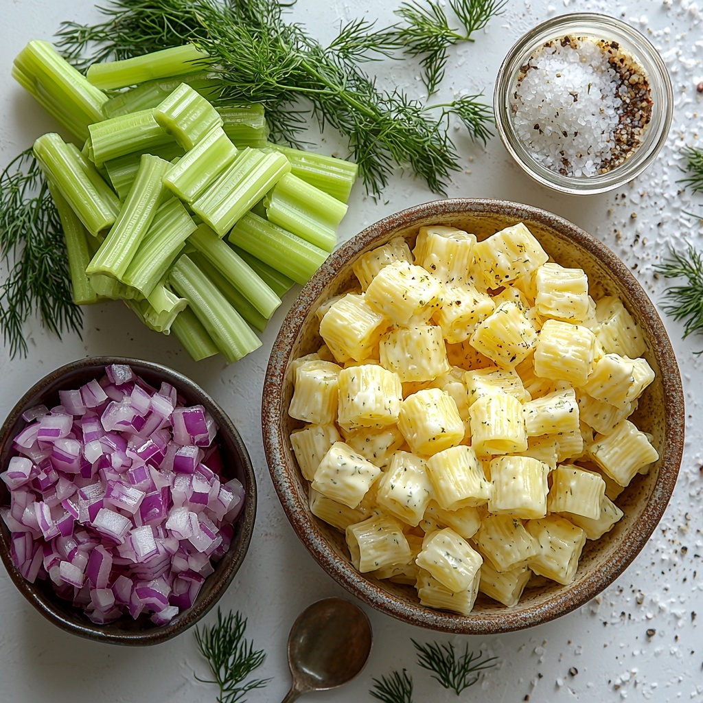 8 oz dry pasta (rigatoni or rotini) neatly piled in a small ceramic bowl, 1 cup diced bright green dill pickles scattered beside it on a clean white surface, 1/2 cup finely diced vibrant purple-red onions arranged in a small clear glass bowl, 1/2 cup chopped crisp celery with fresh green hues placed adjacent to the onions, 1 cup creamy white mayonnaise swirled smoothly in a shallow ramekin, 2 tablespoons translucent pale yellow dill pickle juice in a small glass measuring cup, 1 teaspoon fine garlic powder in a tiny white porcelain dish, scattered coarse salt crystals and cracked black pepper corns artfully sprinkled nearby. Ingredients styled with fresh dill sprigs and a vintage silver spoon for texture contrast, all laid out with balanced spacing on a bright, clean white backdrop to highlight colors and textures. Overhead shot, top down view, flat lay photography, professional food styling --ar 1:1 --q 2 --s 750 --v 6.1