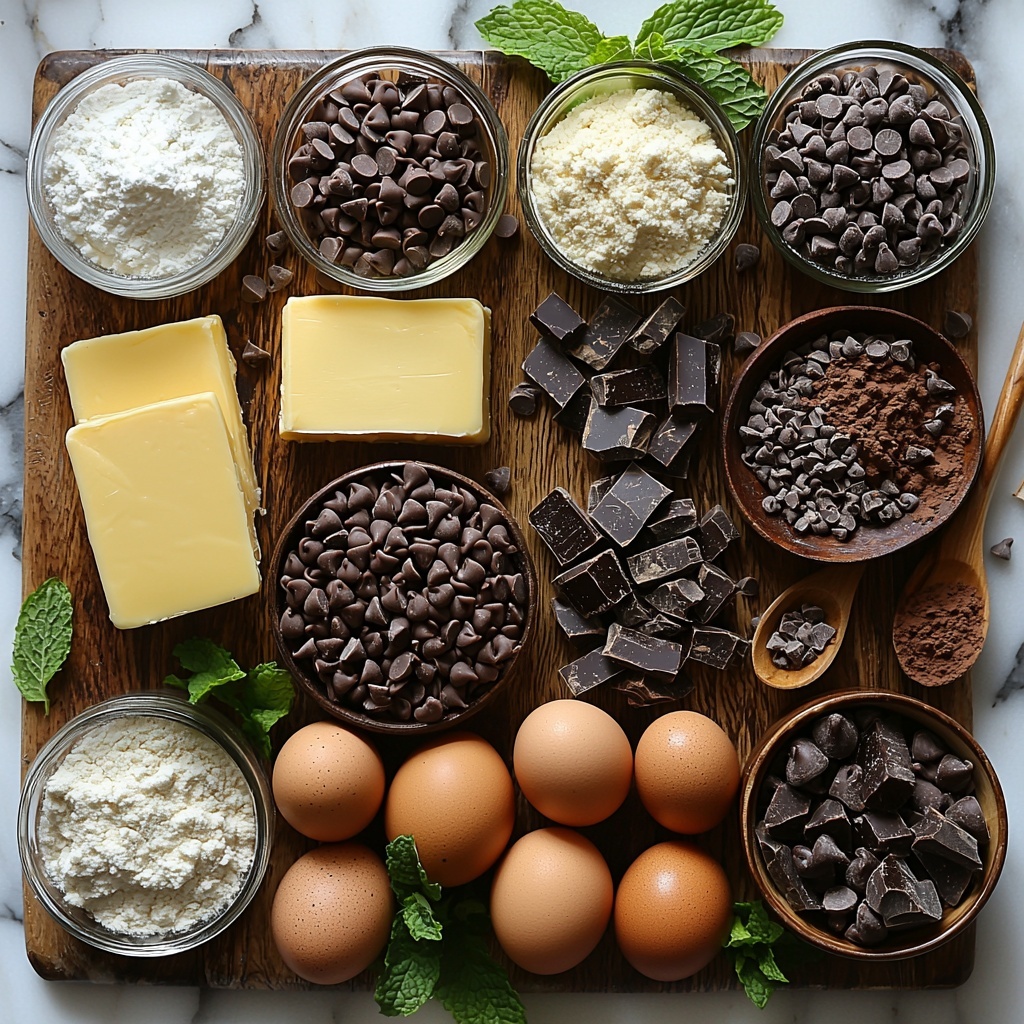 Half stick of unsalted butter, 8 ounces semi-sweet chocolate chips or chopped chocolate, 2 large brown eggs, small glass bowls with granulated sugar and brown sugar, a tiny jar of vanilla extract, a sifted mound of all-purpose flour, a dusting of unsweetened cocoa powder on white parchment paper, a small pile of baking powder and a pinch of salt in miniature ceramic spoons, extra chocolate chips scattered loosely, all ingredients artfully arranged on a clean, white textured surface. The colors contrast beautifully: creamy yellow butter, rich glossy dark chocolate, warm golden sugars, fluffy white flour, and deep brown cocoa powder. Soft natural lighting emphasizes the varied textures from smooth butter to coarse sugar crystals and velvety powders. Minimal shadows, subtle reflections on glass containers, and delicate sprigs of fresh mint and rustic wooden utensils add warmth and an inviting feel. The overall composition is balanced and harmonious, evoking an approachable yet elegant baking moment. Overhead shot, top down view, flat lay photography, professional food styling --ar 1:1 --q 2 --s 750 --v 6.1