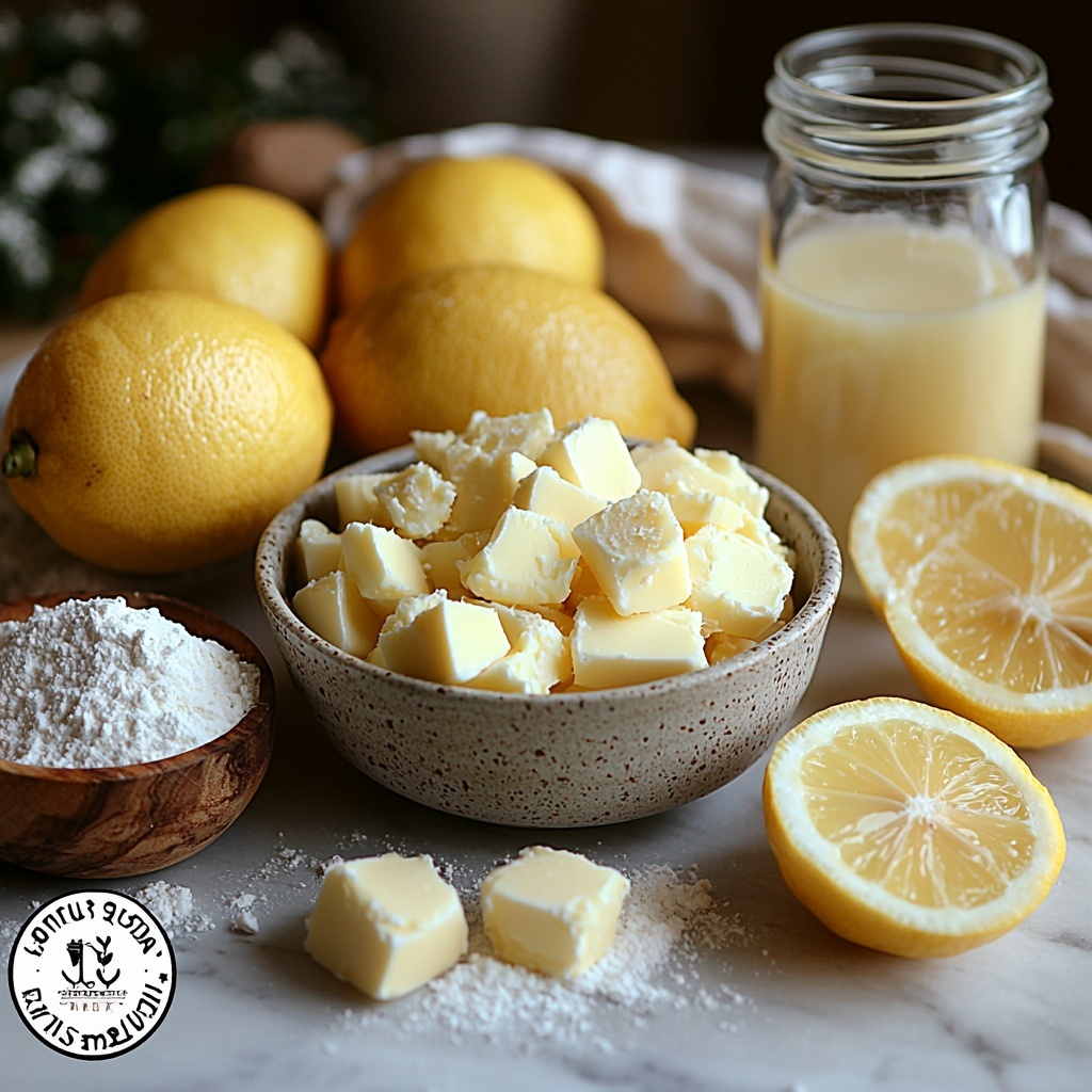 white chocolate baking chips neatly poured in a small ceramic bowl, cubed unsalted butter arranged in a tiny wooden bowl, a rustic white bowl filled with all-purpose flour showing its fine powdery texture, a small glass jar of granulated sugar sparkling under soft light, four large brown eggs and four large egg yolks in a cracked eggshell nearby, a small bowl of bright yellow lemon curd with a glossy smooth surface, fresh lemon zest strands artfully scattered beside two halved fresh lemons showcasing vibrant yellow color and textured skin, a small glass bottle of pure vanilla extract with a dark amber hue, a delicate sieve holding a light dusting of powdered sugar, all items thoughtfully spaced on a clean white marble surface with soft natural light casting gentle shadows, subtle hints of rustic wooden accents and linen napkin folds to add warmth and contrast, colors ranging from creamy whites, buttery yellows, and warm browns creating a harmonious palette, textures from smooth chocolate chips, silky lemon curd, powdery flour and sugar, and glossy eggshells contrast beautifully, overhead shot, top down view, flat lay photography, professional food styling --ar 1:1 --q 2 --s 750 --v 6.1