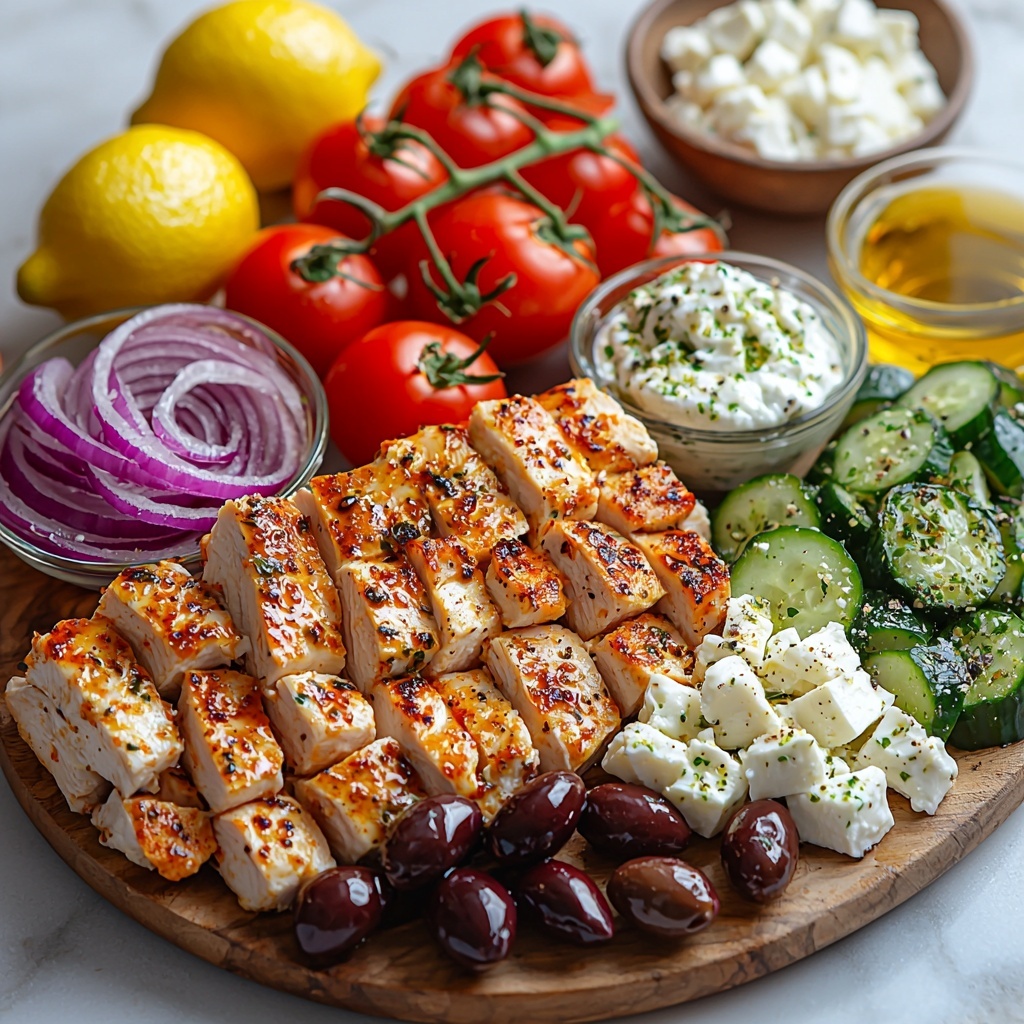 16 ounces sliced cooked chicken breast, 2 ounces diced red onion with vibrant purple hues, 20 ounces diced cucumber showing fresh green tones and crisp texture, 8 ounces diced ripe red tomatoes with juicy seeds visible, a cluster of 40 deep purple Kalamata olives with glossy skin, 8 ounces crumbled white feta cheese, a dollop of creamy white tzatziki sauce with visible cucumber bits, 2 whole garlic cloves with papery white skin, small glass bowls of golden extra virgin olive oil and pale yellow lemon juice, a wooden spoon with scattered dried green oregano, a small bowl of creamy white Greek yogurt, a small dish of bright red wine vinegar, sprinkled coarse salt and black peppercorns – all neatly arranged on a clean white marble surface. Ingredients spaced evenly, some overlapping gently to show texture and freshness, natural soft daylight with subtle shadows, minimalistic styling with a few fresh lemon wedges and a sprig of oregano for color contrast. Overhead shot, top down view, flat lay photography, professional food styling --ar 1:1 --q 2 --s 750 --v 6.1