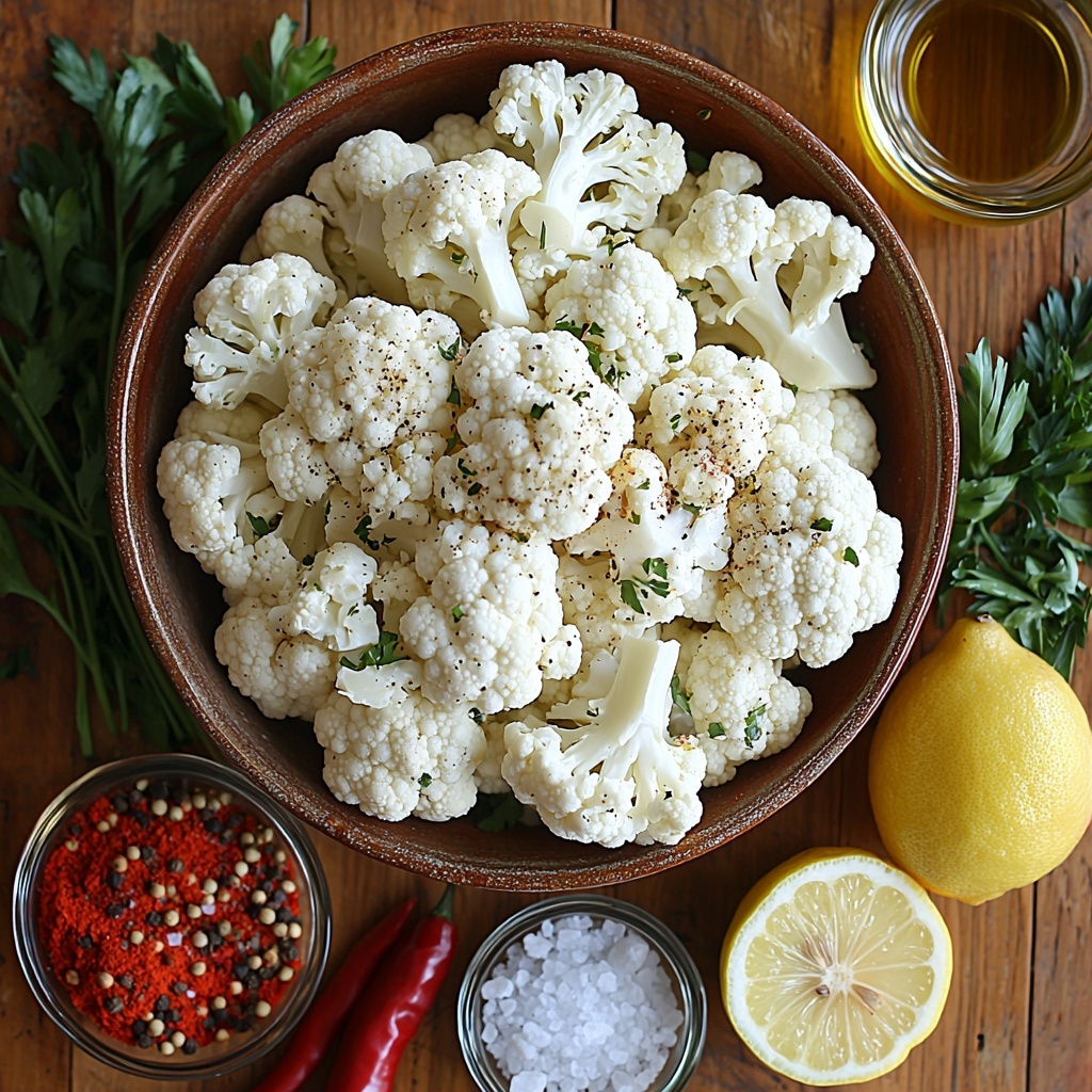 16 ounces fresh cauliflower florets, vibrant white with green stems, arranged in a rustic ceramic bowl; small glass bowl with golden olive oil glistening under soft light; matching small bowls containing bright red paprika powder, off-white garlic powder, coarse sea salt crystals, and freshly ground black pepper; one whole bright yellow lemon with smooth skin placed whole and one half sliced to reveal juicy interior; all ingredients carefully spaced on a clean, light wooden surface with natural textures; minimalistic styling emphasizing vivid colors and varied textures of spices and fresh produce; soft natural lighting enhancing freshness and subtle shadows for depth; overhead shot, top down view, flat lay photography, professional food styling --ar 1:1 --q 2 --s 750 --v 6.1