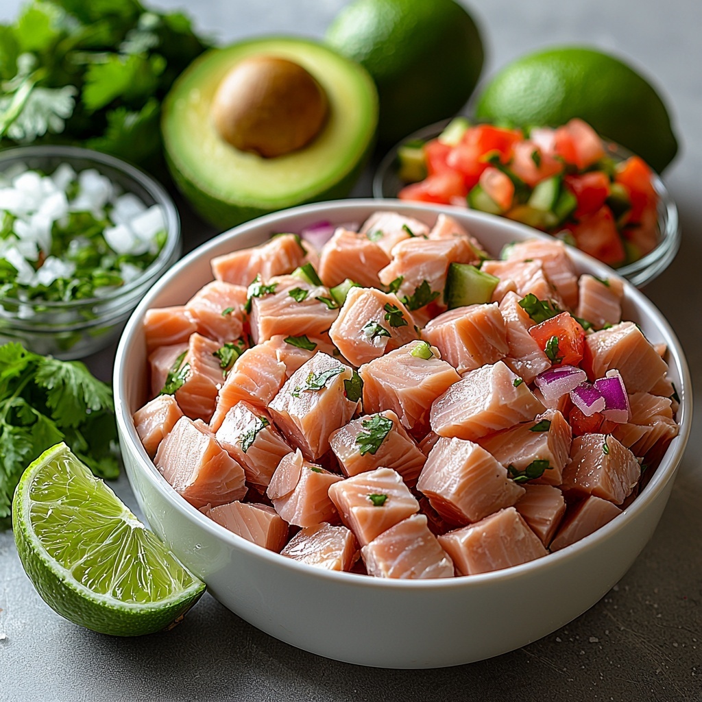 5 ounces canned Albacore tuna, flaky and pale pink, drained and placed in a small white bowl; 1 tablespoon creamy mayonnaise in a glass ramekin; fresh bright green cilantro sprigs loosely arranged beside the bowl; 2 fresh limes, one whole and one halved, vibrant green with visible juicy texture; 1 ripe avocado, halved with smooth green flesh and seed visible, alongside peeled avocado chunks in a small bowl; 1/2 cup colorful pico de gallo with diced red tomatoes, white onions, and green cilantro in a clear glass bowl; small dish with fine white salt crystals; all ingredients neatly spaced on a clean white textured surface, natural soft daylight casting gentle shadows, effortless rustic styling with a slight organic, fresh vibe, bright and inviting colors enhancing textures and freshness, overhead shot, top down view, flat lay photography, professional food styling --ar 1:1 --q 2 --s 750 --v 6.1