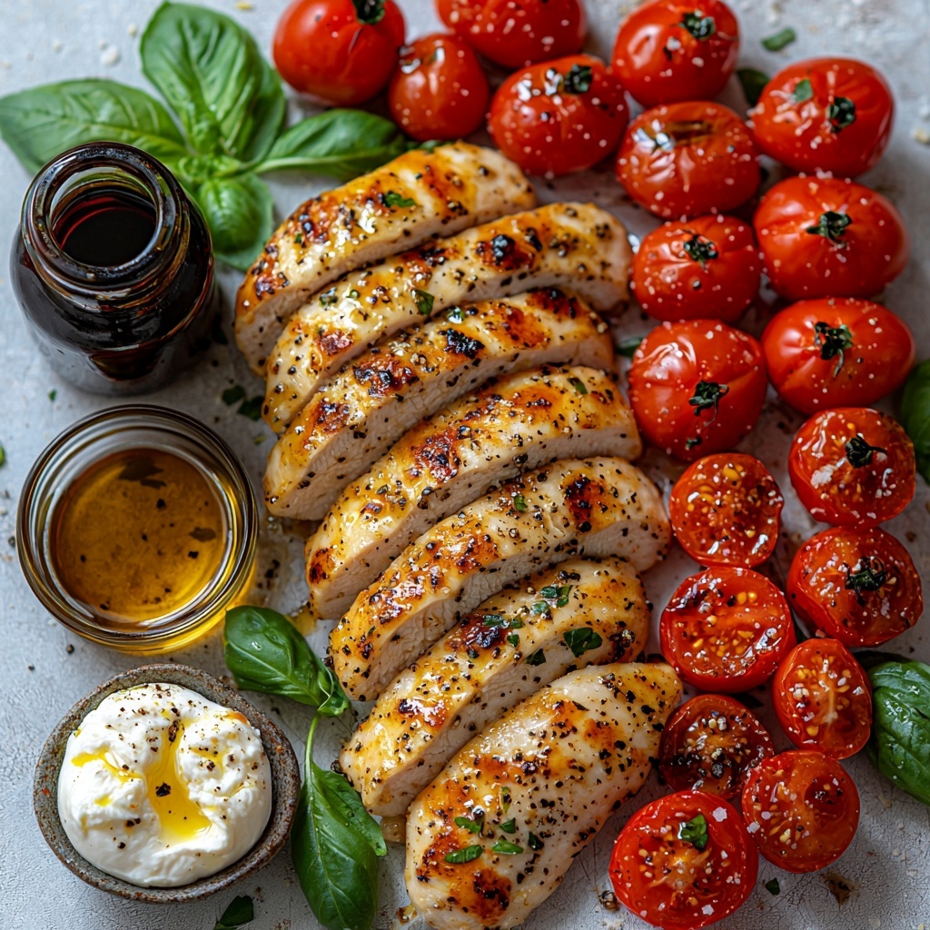 4 boneless skinless chicken breasts pounded thin, golden browned with crispy edges, arranged neatly side by side on a clean white surface; small glass bowl with 2 tbsp olive oil next to them; a pinch of coarse salt and freshly ground black pepper in tiny ceramic dishes; ½ tsp garlic powder in a small white spoon; vibrant red cherry tomatoes, halved, scattered artistically with some whole tomatoes included; soft creamy white burrata cheese ball resting on torn fresh bright green basil leaves; a small dish of extra virgin olive oil with glossy golden hues; drizzle bottle of dark glossy balsamic glaze lying nearby; fresh torn basil leaves sprinkled around for pops of color and texture; natural daylight highlighting the vivid colors and contrasting textures; minimalistic background to keep focus on ingredients; subtle shadows adding depth; overhead shot, top down view, flat lay photography, professional food styling --ar 1:1 --q 2 --s 750 --v 6.1