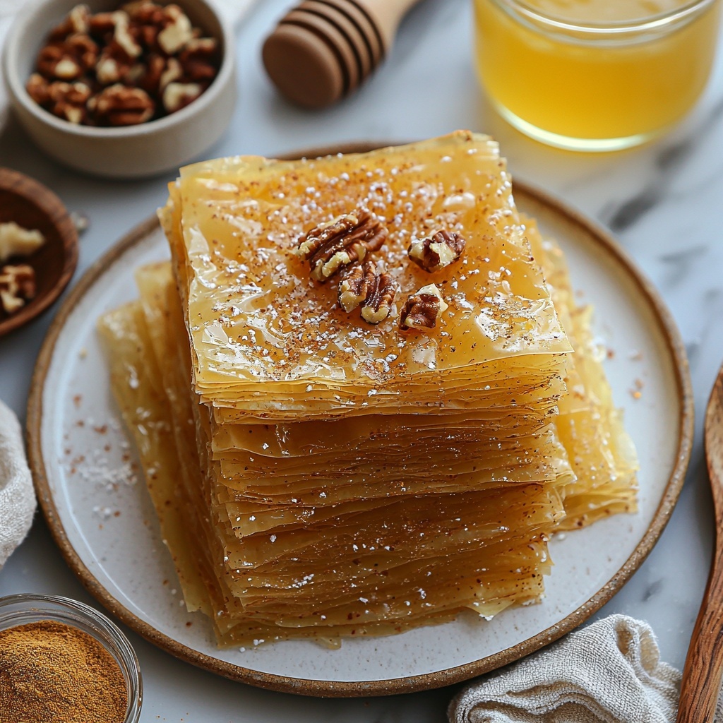 phyllo dough sheets stacked neatly on a white ceramic plate with light wrinkles and delicate thin layers visible, a small glass bowl of melted golden butter with smooth, glossy texture nearby, a rustic wooden bowl filled with finely chopped walnuts showing rich brown tones and rough texture, a small white ramekin containing warm cinnamon powder with fine, soft granules, a clear glass measuring cup with sparkling white granulated sugar crystals, a small clear glass dish holding bright yellow lemon juice with a few lemon seeds visible, a transparent glass bowl of clear water catching reflections, a small jar of golden honey with viscous, sticky texture, scattered chopped walnuts and a few glossy melted chocolate chips artfully placed around for garnish, all ingredients arranged neatly on a light-colored clean marble surface with natural soft daylight casting gentle shadows, minimalistic styling with subtle linen napkin and wooden spoon accents, focus on earthy warm tones and textures, overhead shot, top down view, flat lay photography, professional food styling --ar 1:1 --q 2 --s 750 --v 6.1