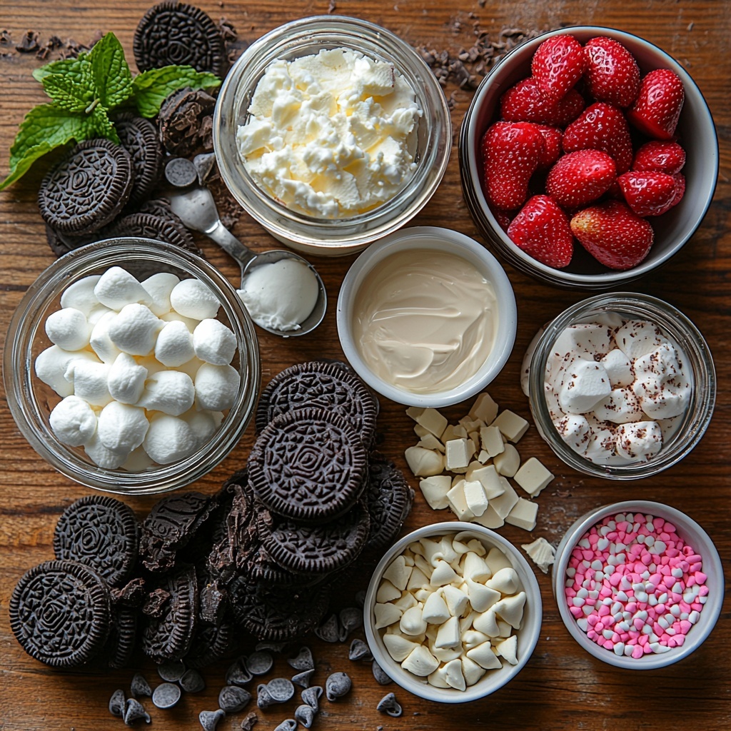A clean, light wood surface with the main ingredients for Brownie Neapolitan Fudge artfully arranged in a balanced flat lay composition. On one side, a neat stack of whole Oreo cookies with some crushed Oreo crumbs scattered nearby, showcasing deep black and white textures. A small clear glass bowl holds melted golden butter alongside a vintage silver spoon. Nearby, two clear jars of marshmallow crème with shiny white fluffy dollops visible through the glass. Two small white ceramic bowls display glossy white chocolate chips, their smooth, shiny surfaces catching the light. A measuring cup of thick, creamy sweetened condensed milk with a pale ivory color sits next to a small dish of vibrant pink gel food coloring and a tiny bowl of strawberry extract with a soft pink hue. Mini chocolate chips, colorful sprinkles, and crushed cookies are arranged artistically into small piles to add detail and pops of color. The overall styling is bright and airy with natural soft daylight, soft shadows, and a few sprigs of fresh mint leaves for a touch of green contrast. The image conveys inviting textures—crumbly, creamy, smooth, and glossy—with everything spaced to create harmony and visual interest. Overhead shot, top down view, flat lay photography, professional food styling --ar 1:1 --q 2 --s 750 --v 6.1
