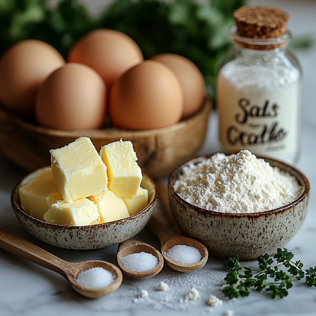 Unsalted butter softened in a small vintage ceramic bowl, a wooden spoon resting beside it; two large brown eggs with smooth shells placed near a glass bottle of rich vanilla extract; a trio of clear glass bowls containing white granulated sugar, packed brown sugar with deep amber hues, and a small pile of fine all-purpose flour with a light, powdery texture; a small white ramekin holding pure white granulated sugar for topping; scattered around are measuring spoons filled with pale beige baking soda and fine sea salt crystals; all ingredients meticulously arranged on a bright, clean white marble surface with soft natural lighting highlighting the varying textures and warm tones; minimal shadows, a few sprigs of fresh green herbs off to the side for subtle color contrast; overhead shot, top down view, flat lay photography, professional food styling --ar 1:1 --q 2 --s 750 --v 6.1