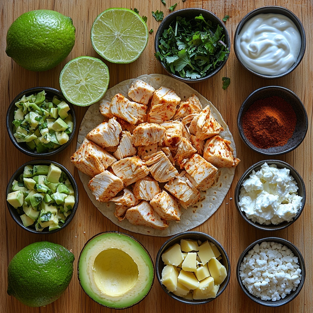 A vibrant flat lay of fresh ingredients for quick chicken tacos arranged neatly on a clean, light-colored wooden surface. Include raw boneless, skinless chicken thighs with a slight marinated sheen, a small bowl of bright green chopped cilantro, and a pile of shredded white and green cabbage showing crisp textures. Display three whole fresh limes, one halved to reveal juicy, vibrant green interiors. Place small bowls with creamy white sour cream and smooth, pale yellow mayonnaise nearby. Arrange minced garlic cloves scattered artfully, alongside small piles of ground cumin, cayenne pepper, kosher salt, and black pepper in neat mounds to show fine textures and earthy colors. Include a small bottle or splash of golden olive oil with a subtle shine. Add a few slices of ripe avocado with fresh green hues and creamy textures. Present crumbly white cotija or feta cheese chunks invitingly. A stack of small soft flour or corn tortillas with warm, slightly toasted spots completes the composition. Use natural daylight for a bright, crisp look with soft shadows to enhance the textures and colors. Overhead shot, top down view, flat lay photography, professional food styling --ar 1:1 --q 2 --s 750 --v 6.1