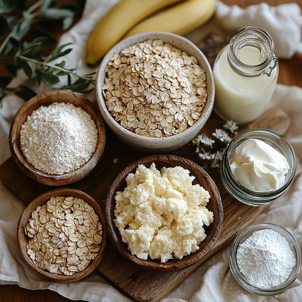 3 cups 1-minute oats in a small rustic wooden bowl, 3 cups bread flour in a white ceramic bowl with a delicate dusting around it, a small heap of ground cinnamon with warm reddish-brown color on a wooden spoon, a mound of fine white cornstarch in a glass ramekin, 2 teaspoons baking powder and ¾ teaspoon salt in small white porcelain spoons side by side, a generous scoop of light brown sugar loosely packed showcasing its moist texture in a clear glass jar, 1 cup pale yellow butter flavored vegetable shortening in a vintage butter dish, a small bowl with 1 cup mashed banana showing soft yellow tones and creamy texture, ¼ cup golden light corn syrup in a small glass measuring cup reflecting light, a slender bottle or small cup of amber vanilla extract, 4 ounces softened cream cheese spread slightly on a wooden board, ¼ cup softened unsalted butter resting on a marble slab, a heap of bright white powdered sugar lightly dusted nearby, a small glass bowl holding 1 to 2 tablespoons of glossy heavy whipping cream, and a teaspoon of vanilla extract in a tiny clear glass container — all ingredients carefully spaced and arranged on a clean, pale linen cloth atop a light wood surface, with natural soft daylight enhancing textures and warm tones, styled with minimalistic props such as a wooden spoon, parchment paper, and a few green banana leaves subtly placed for freshness and contrast, shadows soft and diffused, overhead shot, top down view, flat lay photography, professional food styling --ar 1:1 --q 2 --s 750 --v 6.1