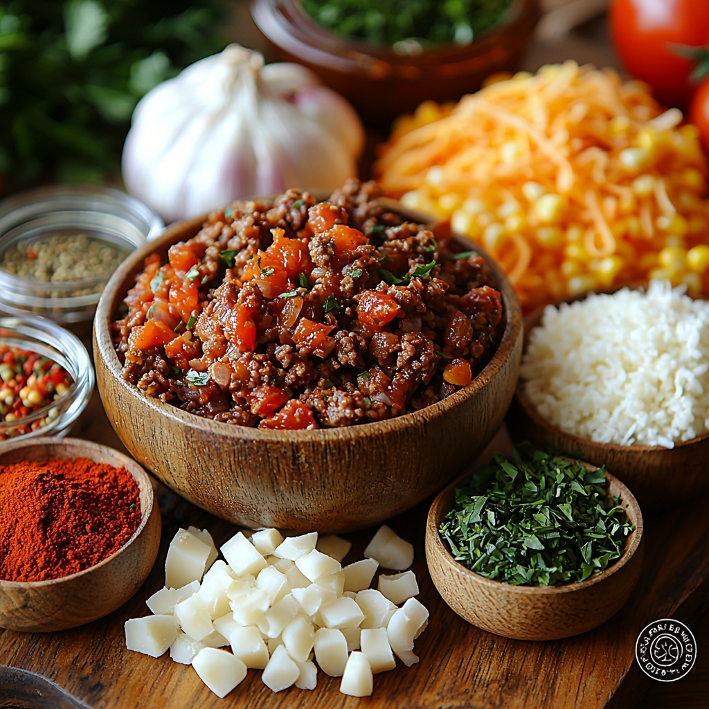 ground beef in a small rustic bowl showing its rich red texture, finely diced large onion with translucent white pieces scattered artistically, three peeled garlic cloves and minced garlic on a wooden garlic press, a mason jar filled with vibrant red diced tomatoes, small spice bowls with bright reddish chili powder, warm brown ground cumin, green dried parsley flakes, finely crushed basil leaves, crystallized white sugar, white salt grains, and coarse black peppercorns, fresh yellow corn kernels in a glass bowl, a neat mound of fluffy white cooked rice on a ceramic plate, shredded sharp cheddar cheese with vivid orange color loosely fanned out on parchment paper, all ingredients arranged symmetrically and spaced evenly on a clean, light wooden surface, natural soft daylight highlighting the textures and colors, minimal shadows for clarity, styled with rustic twine, a linen napkin folded nearby, subtle fresh herb sprigs for a pop of green, overhead shot, top down view, flat lay photography, professional food styling --ar 1:1 --q 2 --s 750 --v 6.1