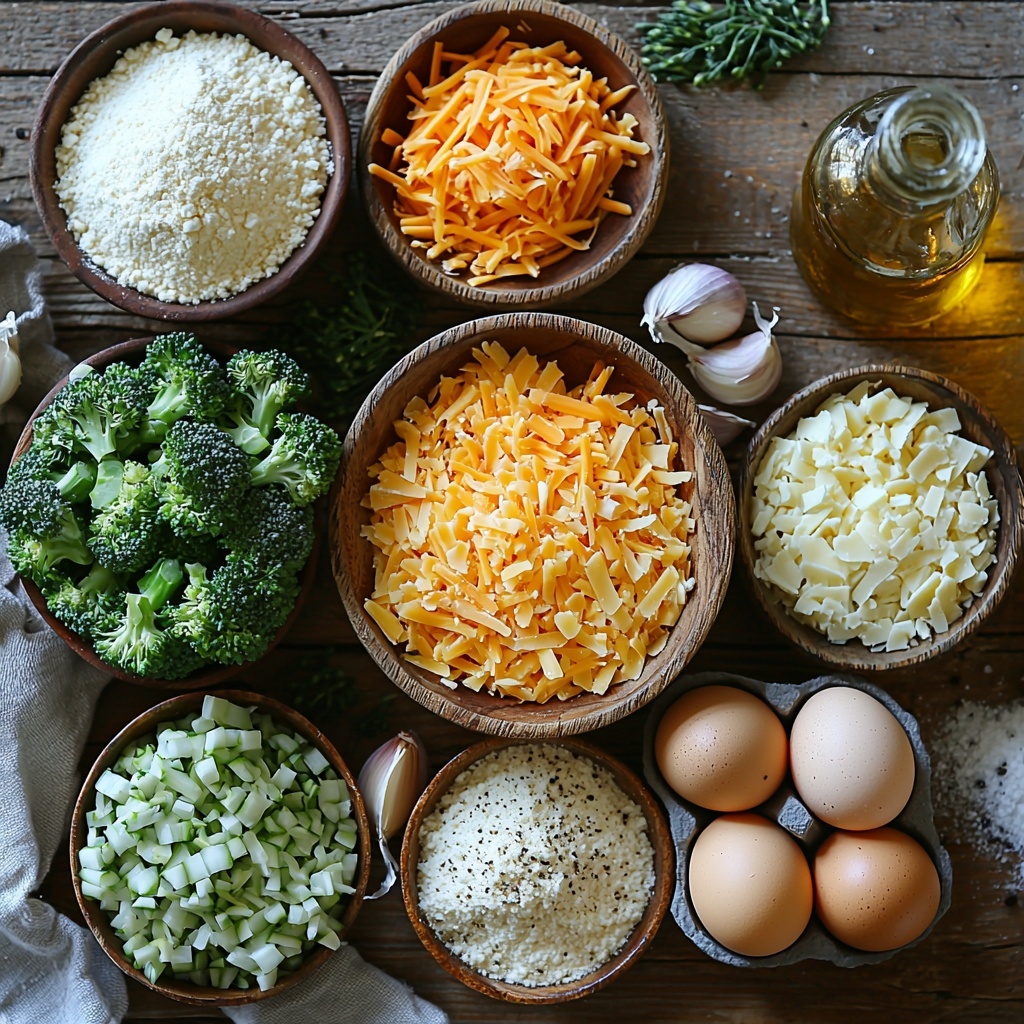 Broccoli florets chopped into small pieces, bright green and fresh, piled loosely; shredded sharp cheddar cheese in a small rustic bowl, vibrant orange-yellow strands; grated Parmesan cheese in a tiny wooden dish, fine, pale off-white texture; a neat mound of all-purpose flour with a soft powdery look; two large eggs cracked open with golden yolks visible beside the shells; finely chopped white onion scattered delicately on a clean white surface; minced garlic cloves arranged in a small cluster, creamy white with a slightly rough texture; small piles of coarse salt and freshly ground black pepper crystals; a sleek glass bottle of golden olive oil with a slight drizzle pooling beside it. All ingredients carefully spaced on a smooth, light natural wood background to emphasize color contrast and texture, natural soft lighting with gentle shadows, minimalistic and clean composition, props include a wooden spoon and a linen napkin subtly placed at the edges — overhead shot, top down view, flat lay photography, professional food styling --ar 1:1 --q 2 --s 750 --v 6.1