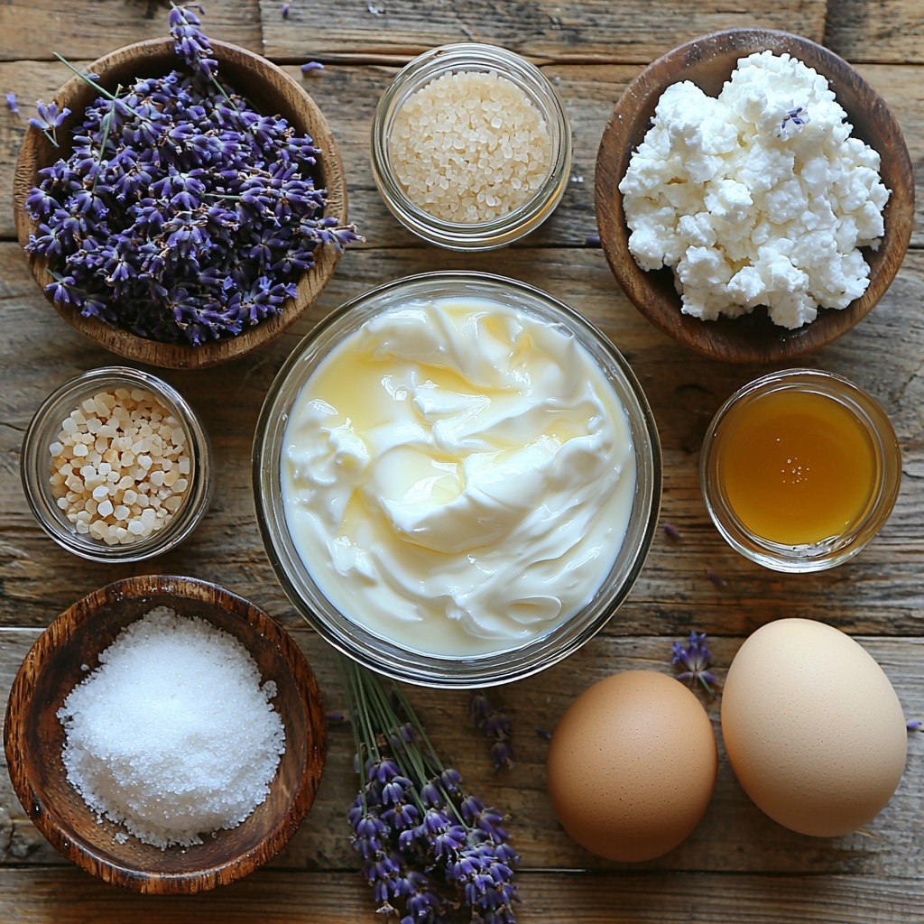 2 cups heavy cream in a glass measuring cup with smooth, glossy texture; 1 cup whole milk in a clear jar, creamy white liquid; 2 tablespoons dried culinary lavender scattered loosely on a small wooden dish, delicate purple buds with a slightly fuzzy texture; 1/3 cup golden honey in a small glass bowl glistening under soft light; 1/2 cup granulated white sugar in a ceramic bowl with sparkling crystals; 4 large egg yolks in a rustic brown ceramic bowl, rich golden-yellow and glossy; 1 teaspoon vanilla extract in a tiny glass bottle with amber liquid; a small pinch of coarse sea salt on a dark slate plate for contrast. All ingredients meticulously arranged on a clean, light wooden surface with natural soft lighting, emphasizing the contrasting colors and textures; minimalistic styling with a few fresh lavender sprigs gently placed nearby for visual interest; subtle shadows adding depth and warmth; crisp focus with slight vignetting to draw attention to the center. overhead shot, top down view, flat lay photography, professional food styling --ar 1:1 --q 2 --s 750 --v 6.1