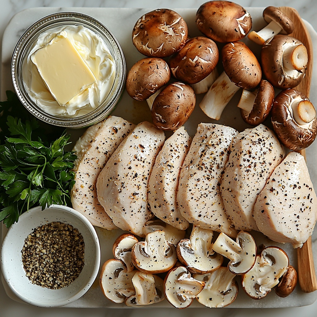 4 boneless skinless chicken breasts, smooth pale pink, pounded evenly and laid flat; 2 cloves fresh garlic, peeled and minced, bright white and finely chopped in a small rustic bowl; 8 oz cremini mushrooms, rich brown with a slightly glossy texture, sliced and scattered naturally; 10.5 oz can of cream of chicken soup in an open vintage tin, creamy off-white and thick; 1 cup low-sodium chicken broth in a clear glass measuring cup showing golden translucent liquid; 1 packet Italian dressing mix in its colorful sealed packet; freshly ground black pepper scattered lightly on a wooden spoon; 1/2 cup unsalted butter, pale yellow, cut into neat cubes on a simple white ceramic dish; 1 cup sour cream at room temperature, smooth and thick, in a small white bowl; fresh parsley, bright green and roughly chopped, placed in a small heap for a pop of color. All ingredients are arranged neatly but casually on a clean white marble surface, with natural soft lighting highlighting textures — subtle shadows add depth. The composition balances warm earthy tones of mushrooms and chicken with creamy whites and vibrant green parsley, styled with minimal rustic props like neutral-toned linen and wooden utensils to evoke homestyle comfort cooking. Overhead shot, top down view, flat lay photography, professional food styling --ar 1:1 --q 2 --s 750 --v 6.1