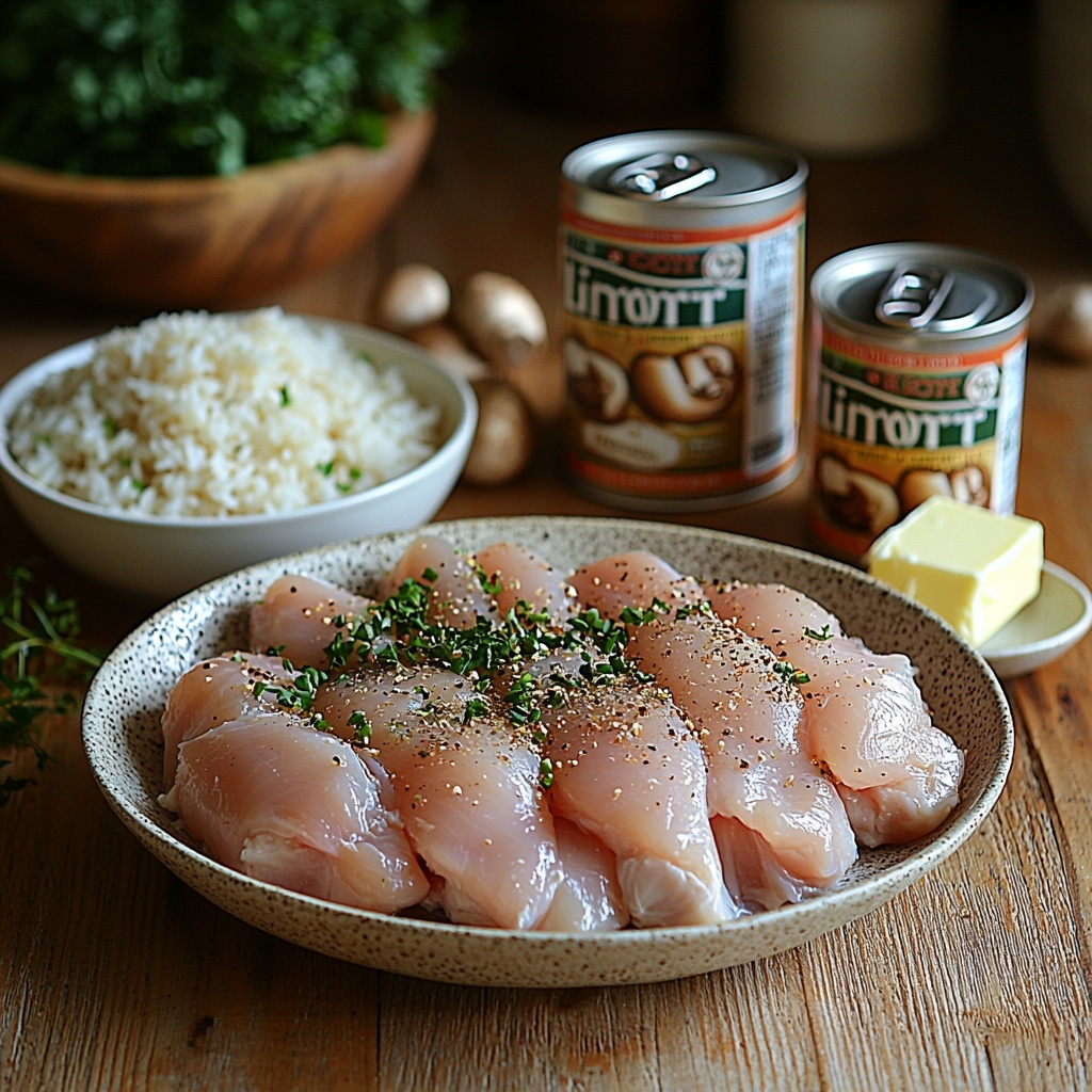 Boneless, skinless chicken breasts raw and plump with a slight sheen, two cups of uncooked brown Minute rice grains scattered loosely, a can of cream of chicken soup creamy and smooth in a rustic ceramic bowl, a can of cream of mushroom soup rich and velvety with visible mushroom pieces, an empty soup can filled with clear water reflecting soft light, a tablespoon of golden butter on a small white plate, and a packet of Lipton onion soup mix with its colorful packaging partially opened showing the granular seasoning spilling gently onto the surface. All ingredients thoughtfully arranged on a clean, light wooden surface with natural daylight highlighting their textures and colors — creamy white soups contrast with earthy brown rice and pale pink chicken, the butter’s glossy softness catching the light, and the soup mix adding a warm, golden hue. Minimal props, subtle shadows, balanced spacing for visual harmony, and a cozy yet fresh kitchen vibe. Overhead shot, top down view, flat lay photography, professional food styling --ar 1:1 --q 2 --s 750 --v 6.1