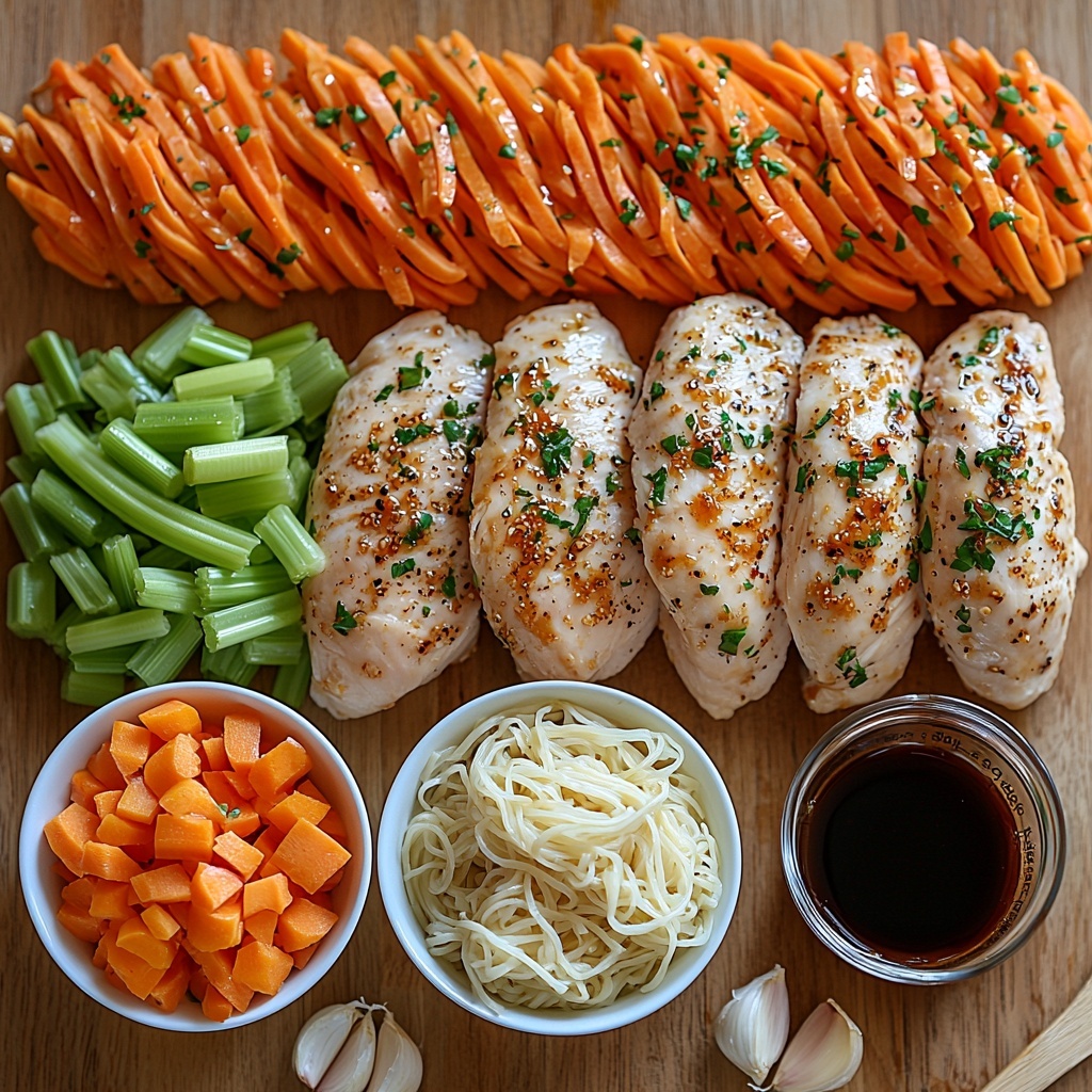 boneless skinless chicken breasts neatly arranged in a row, fresh garlic cloves minced and whole, vibrant diced carrots and celery in small white bowls, a glass measuring cup filled with low-sodium soy sauce showing rich dark amber color, a clear bowl with fresh egg noodles loosely piled, a rustic wooden spoon resting beside the ingredients, all placed on a clean, light-colored wooden table surface that enhances natural colors and textures, soft natural lighting highlighting the moist texture of the chicken and the freshness of the vegetables, subtle shadows adding depth, minimalistic and airy composition with balanced spacing, overhead shot, top down view, flat lay photography, professional food styling --ar 1:1 --q 2 --s 750 --v 6.1