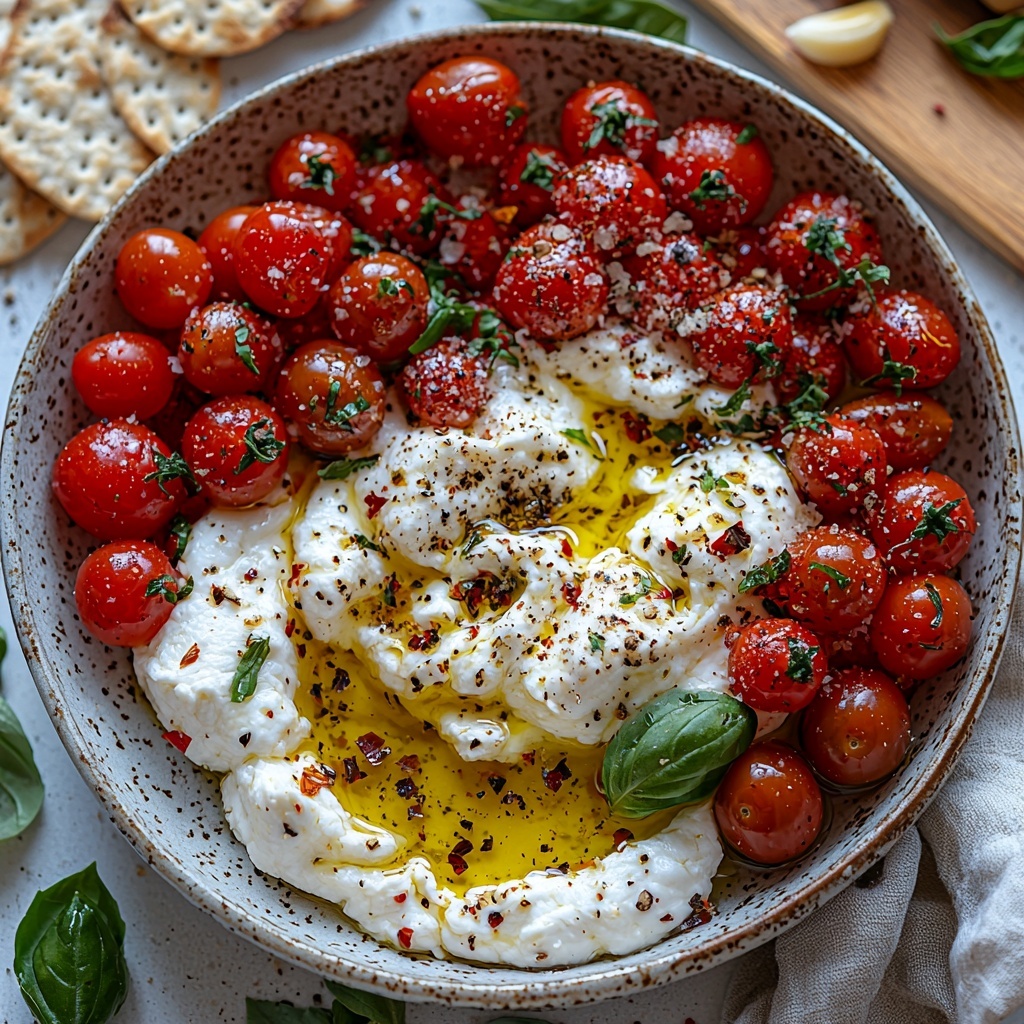 cherry tomatoes and grape tomatoes in a small rustic bowl, golden olive oil drizzled and a sprinkling of dried Italian seasoning visible on some tomatoes, coarse salt and black pepper scattered gently around; shredded mozzarella cheese in a neat pile showing its soft, fibrous texture; a whole ball of creamy burrata cheese resting on a small white ceramic plate, showcasing its smooth, glossy surface; a single clove of finely minced garlic on a small wooden board; fresh bright green torn basil leaves artfully scattered across the layout; toasted golden-brown bread slices arranged in a slight fan, and a few rustic crackers and flatbread pieces placed casually nearby; all ingredients laid out on a clean, matte white surface with natural soft daylight casting gentle shadows, emphasizing vibrant reds, greens, creamy whites, and warm earthy tones; subtle rustic wooden utensils and a linen napkin included for texture contrast; overhead shot, top down view, flat lay photography, professional food styling --ar 1:1 --q 2 --s 750 --v 6.1