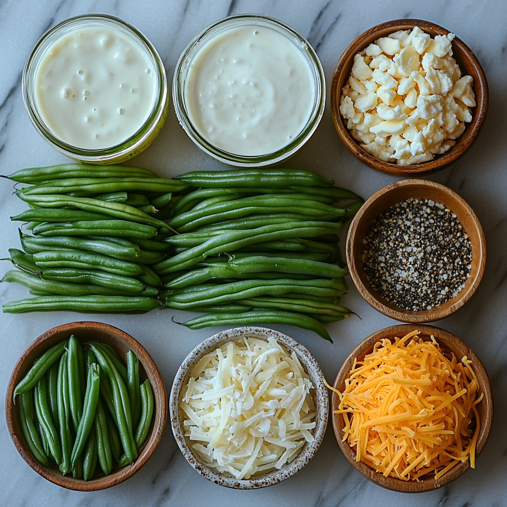 Fresh green beans, trimmed and cut into bite-sized pieces, vibrant deep green with slight natural sheen; a glossy can of cream of mushroom soup with visible creamy white texture; a small glass measuring cup filled with smooth, pale white milk; a wooden teaspoon holding fine, off-white garlic powder; a small ceramic bowl with coarse black pepper; a tiny dish containing fine white salt crystals; a rustic bowl piled with golden crispy fried onions showing light, crunchy texture; a small mound of shredded cheddar cheese in rich orange-yellow hues; all ingredients neatly arranged on a clean white marble surface with soft natural light highlighting colors and textures, subtle shadows adding depth, minimal props with rustic wooden spoons and linen napkins placed artfully nearby for warmth and context — overhead shot, top down view, flat lay photography, professional food styling --ar 1:1 --q 2 --s 750 --v 6.1